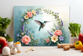 Hummingbird Floral Wreath Glass Cutting Board – Elegant Nature Kitchen Decor