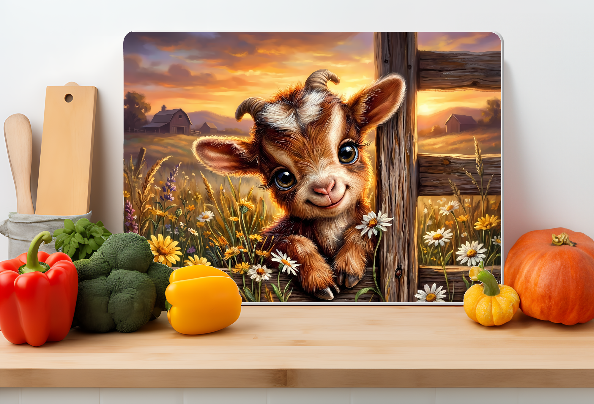 Baby Goat Rustic Fence Farm Glass Cutting Board