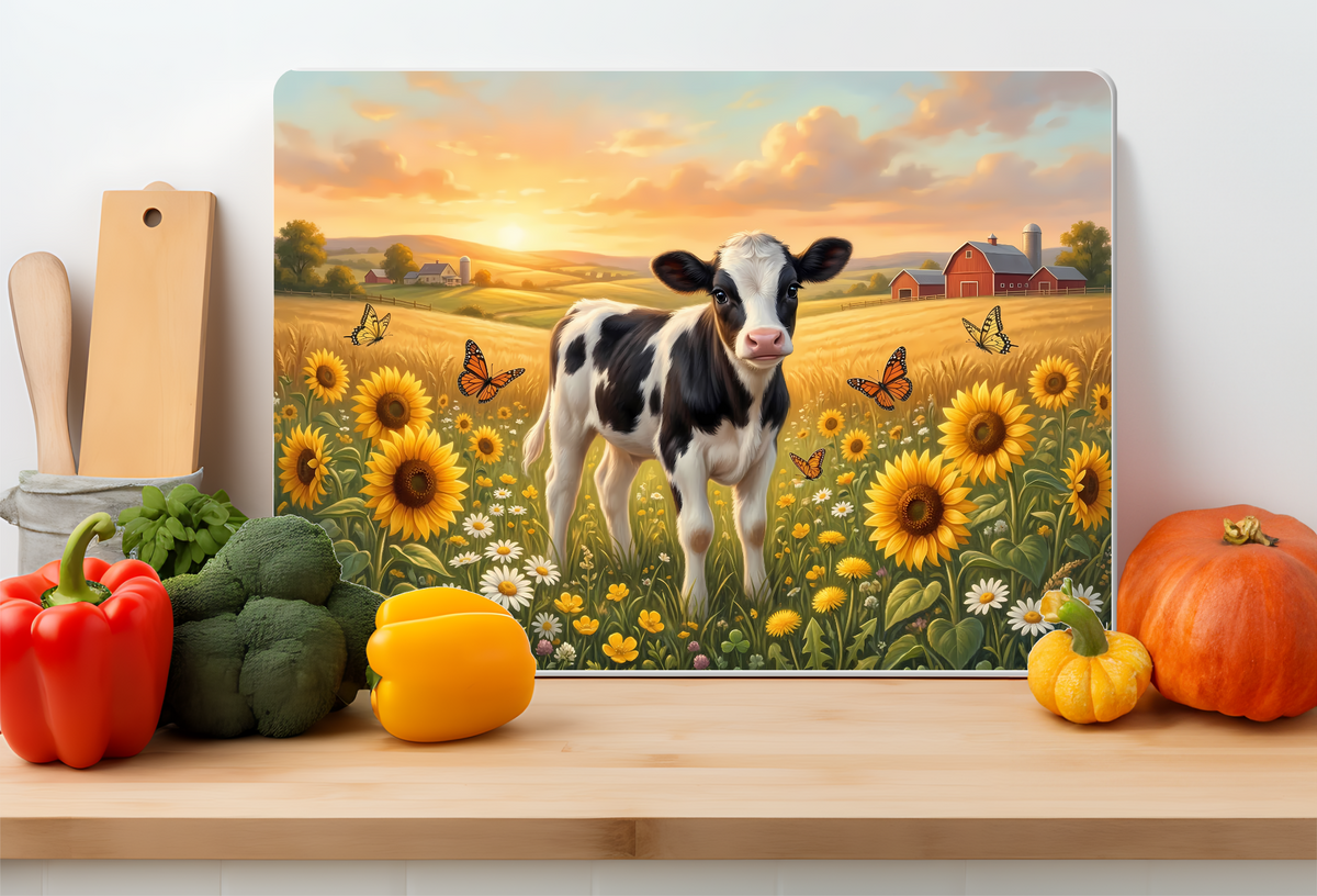 Baby Cow Sunflower Farm Glass Cutting Board