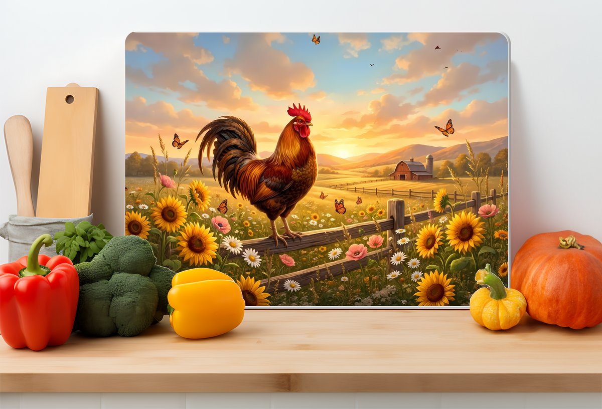 Rooster Sunflower Farmhouse Glass Cutting Board
