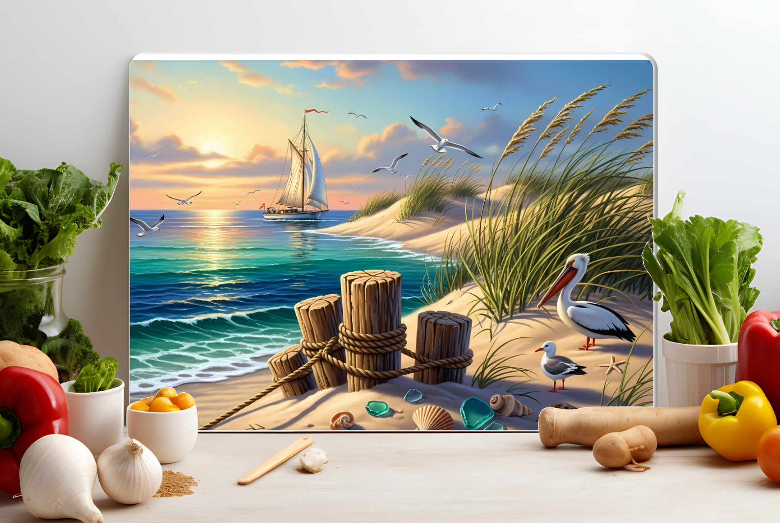 Coastal Sailboat & Pelicans Glass Cutting Board