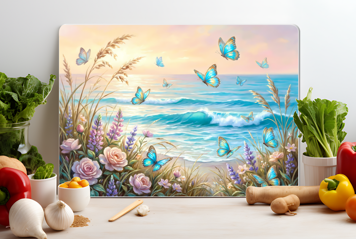 Coastal Butterflies Glass Cutting Board – Beach Floral Kitchen Decor