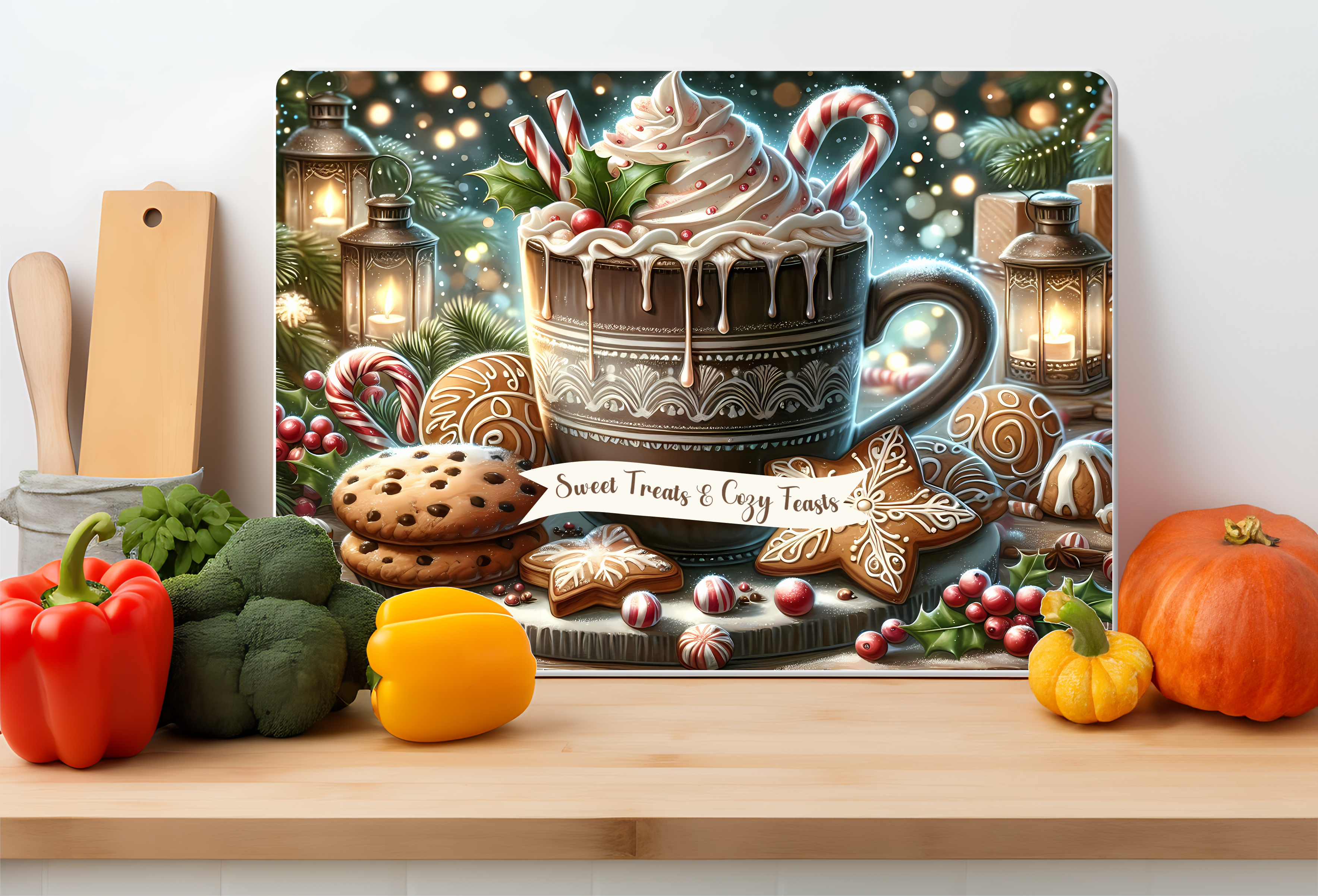 Sweet Treats & Cozy Feasts Holiday Glass Cutting Board