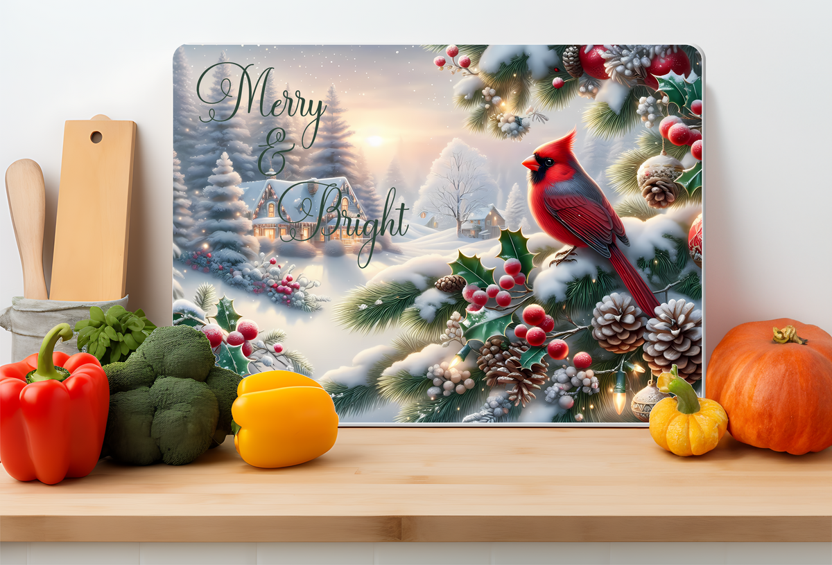 Merry & Bright Cardinal Winter Glass Cutting Board