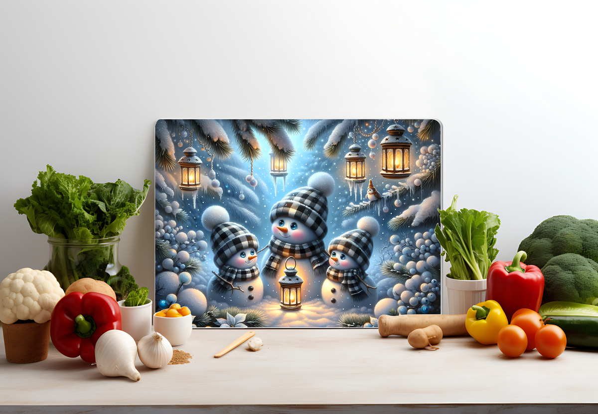 Snowman Family with Lantern Winter Glass Cutting Board