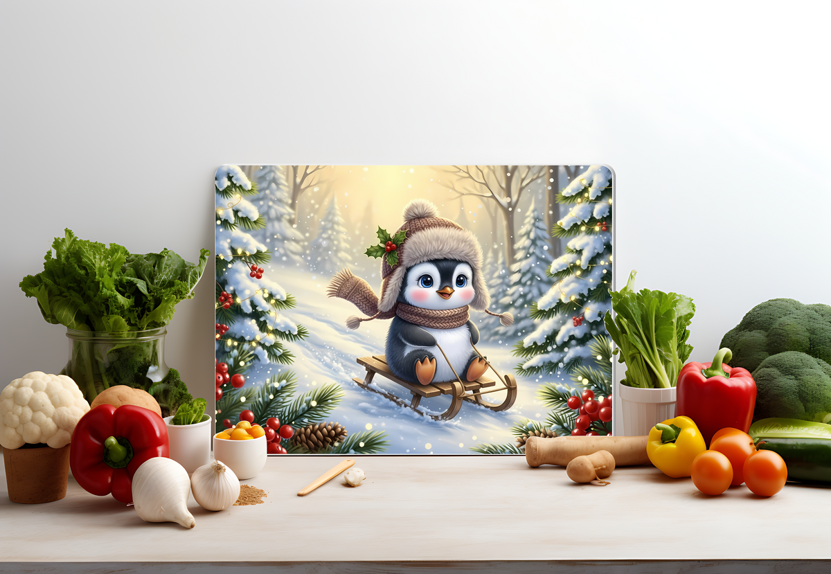 Penguin Sledding Winter Forest Glass Cutting Board