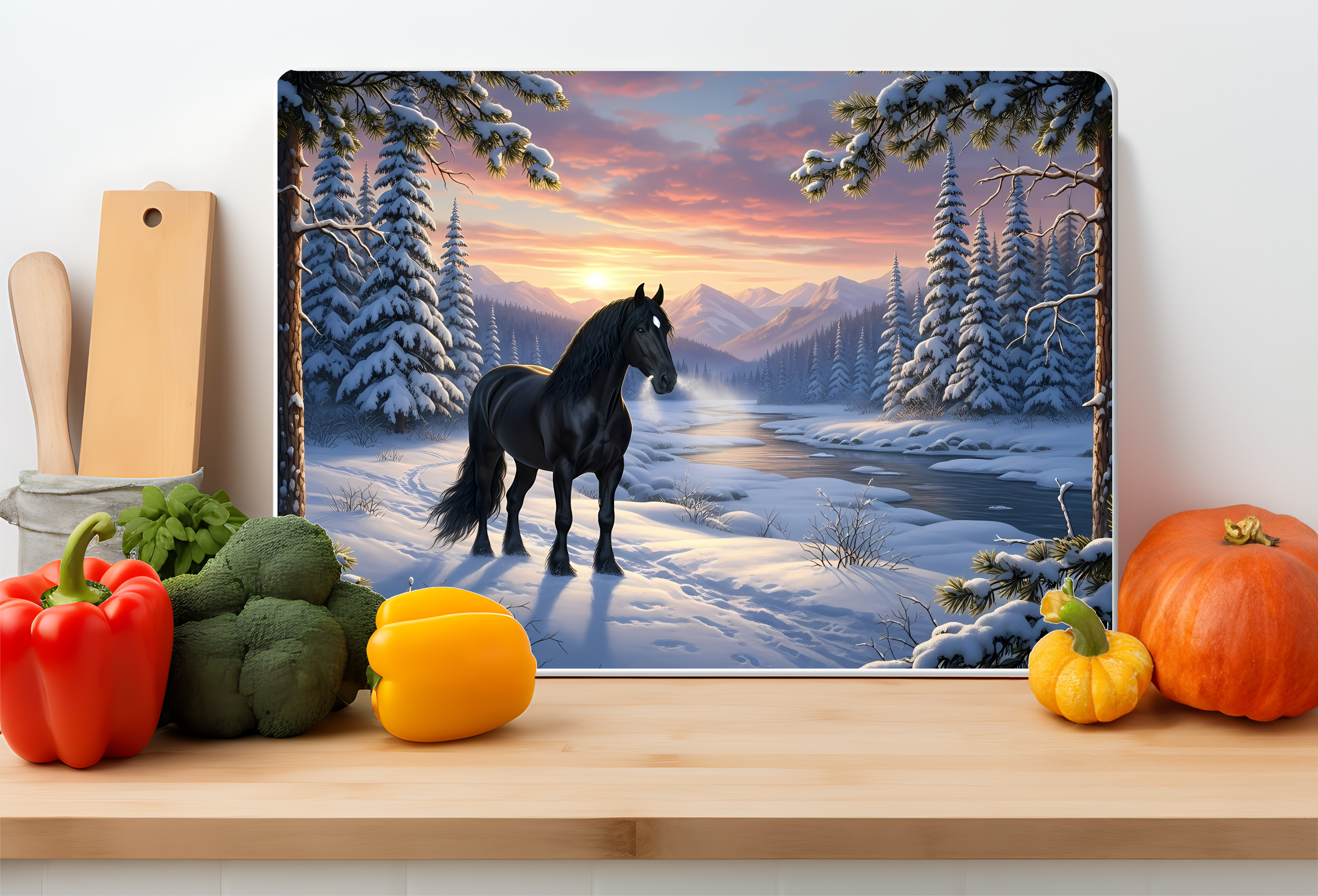Winter River Horse Glass Cutting Board