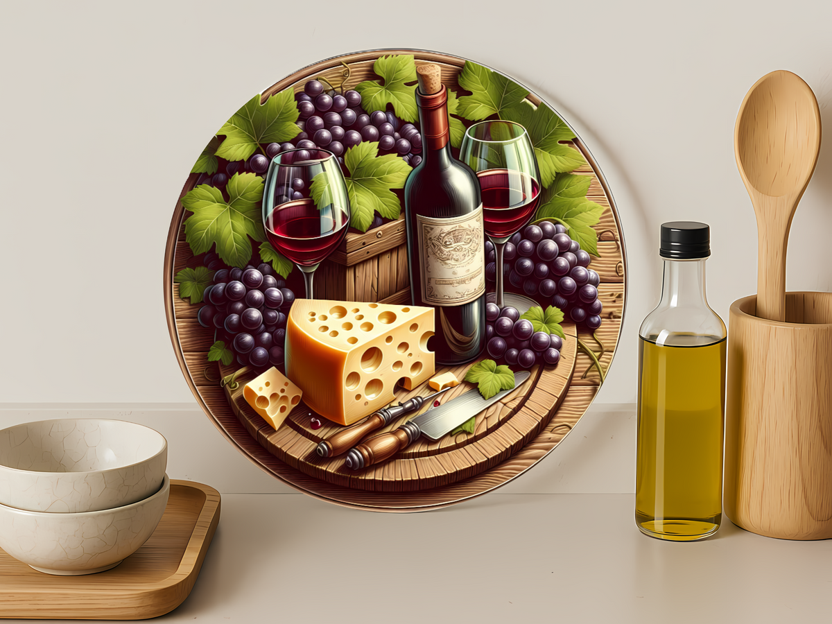 Wine & Cheese Still Life – Round Glass Cutting Board 12"