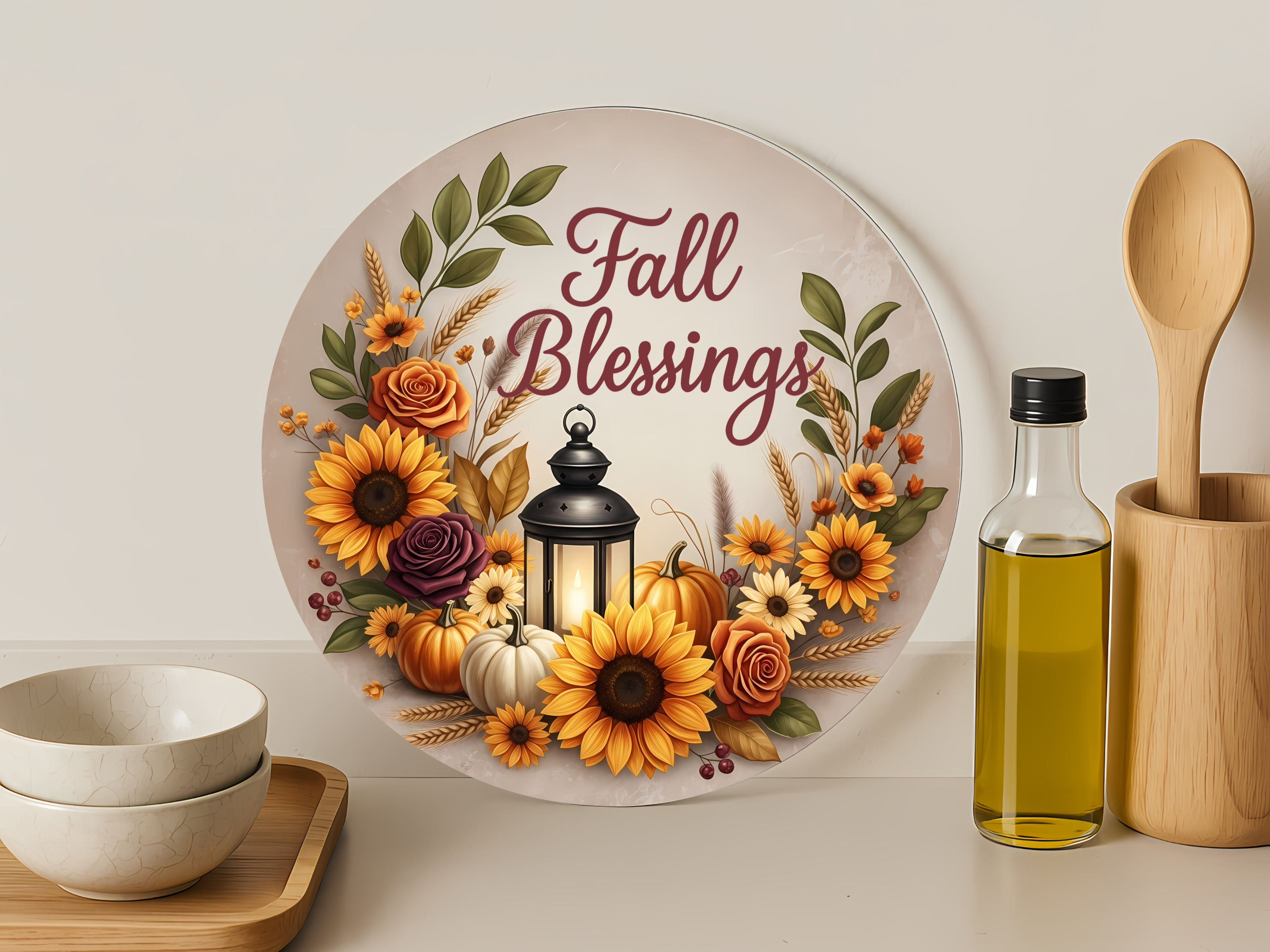 Fall Blessings Autumn Florals-Round Glass Cutting Board 12"
