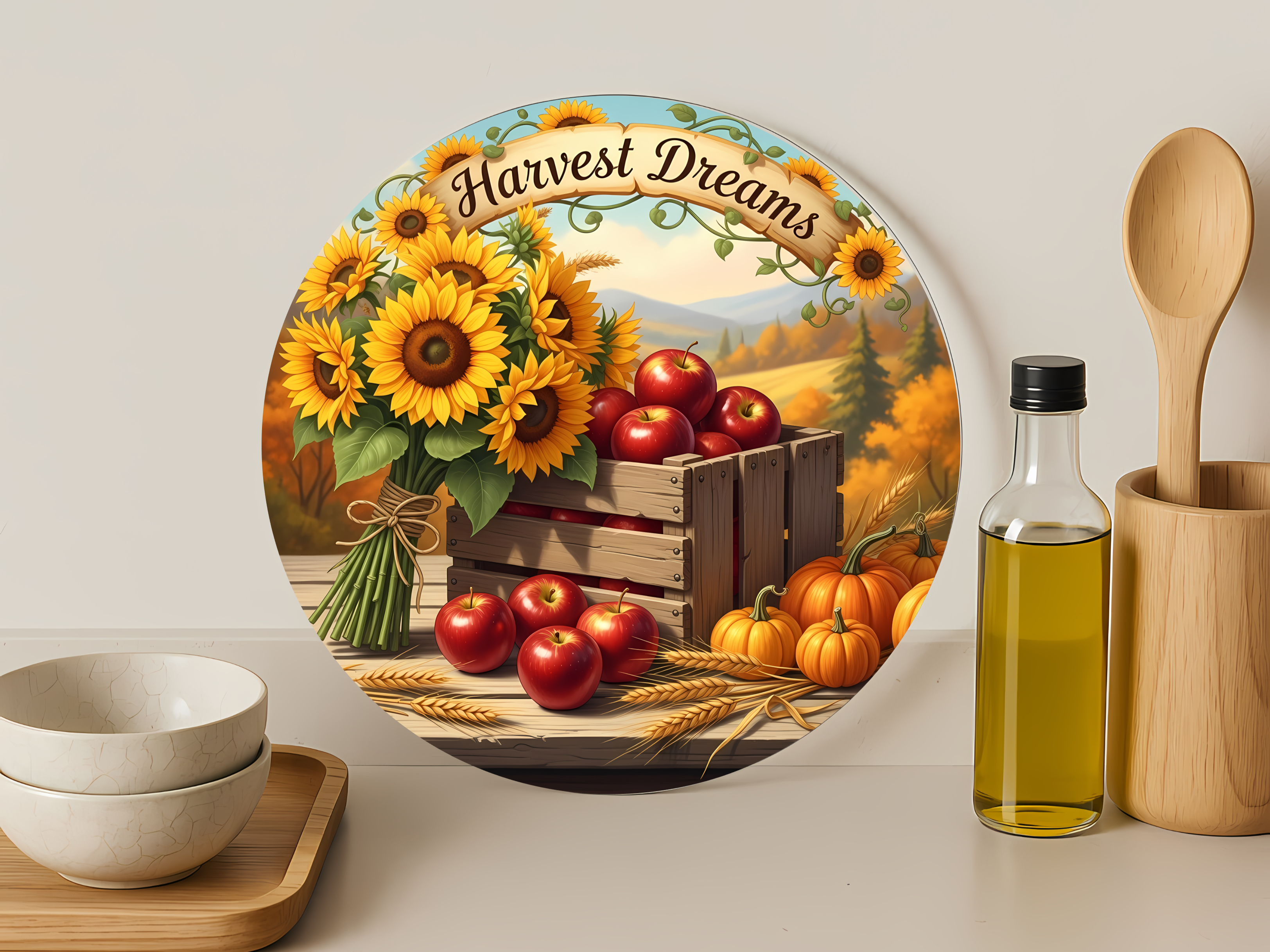 Harvest Dreams Sunflowers & Apples-Round Glass Cutting Board 12"