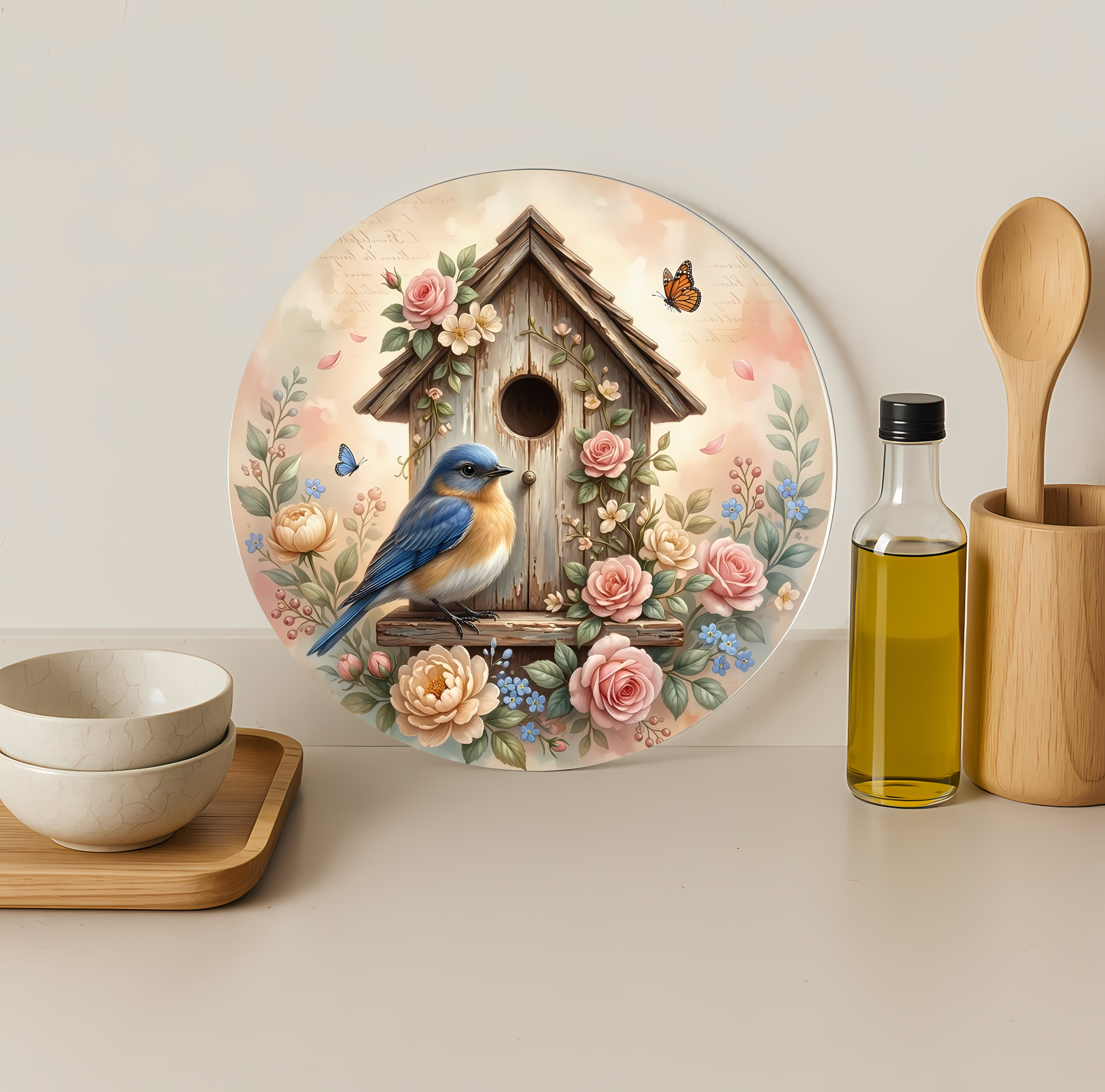 Bluebird Birdhouse Floral Round Glass Cutting Board-Round 12"
