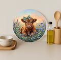 Baby Highland Cow Floral Meadow Round Glass Cutting Board-Round 12"