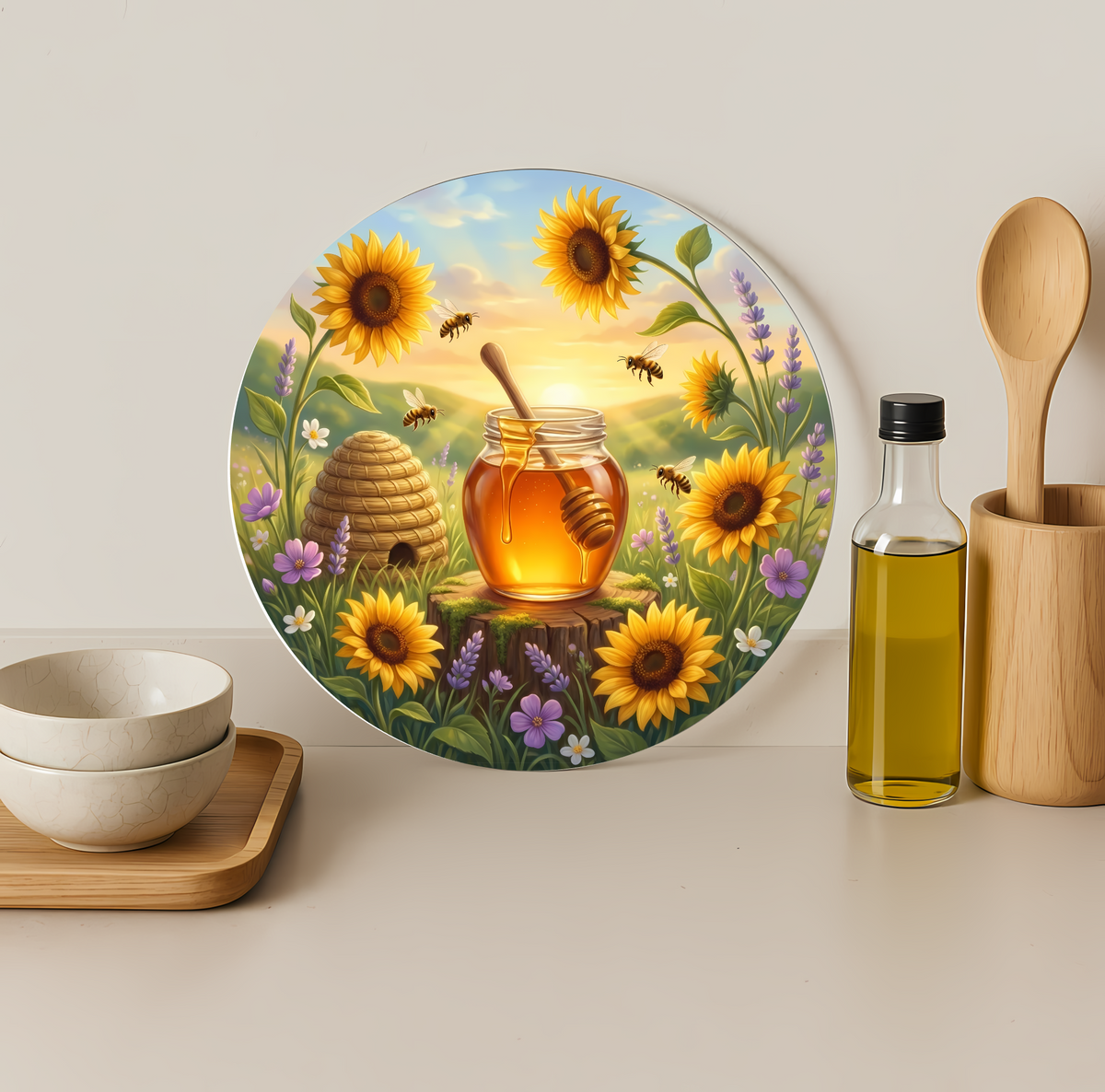 Honey Jar Sunflower Bee Garden Round Glass Cutting Board-Round 12"