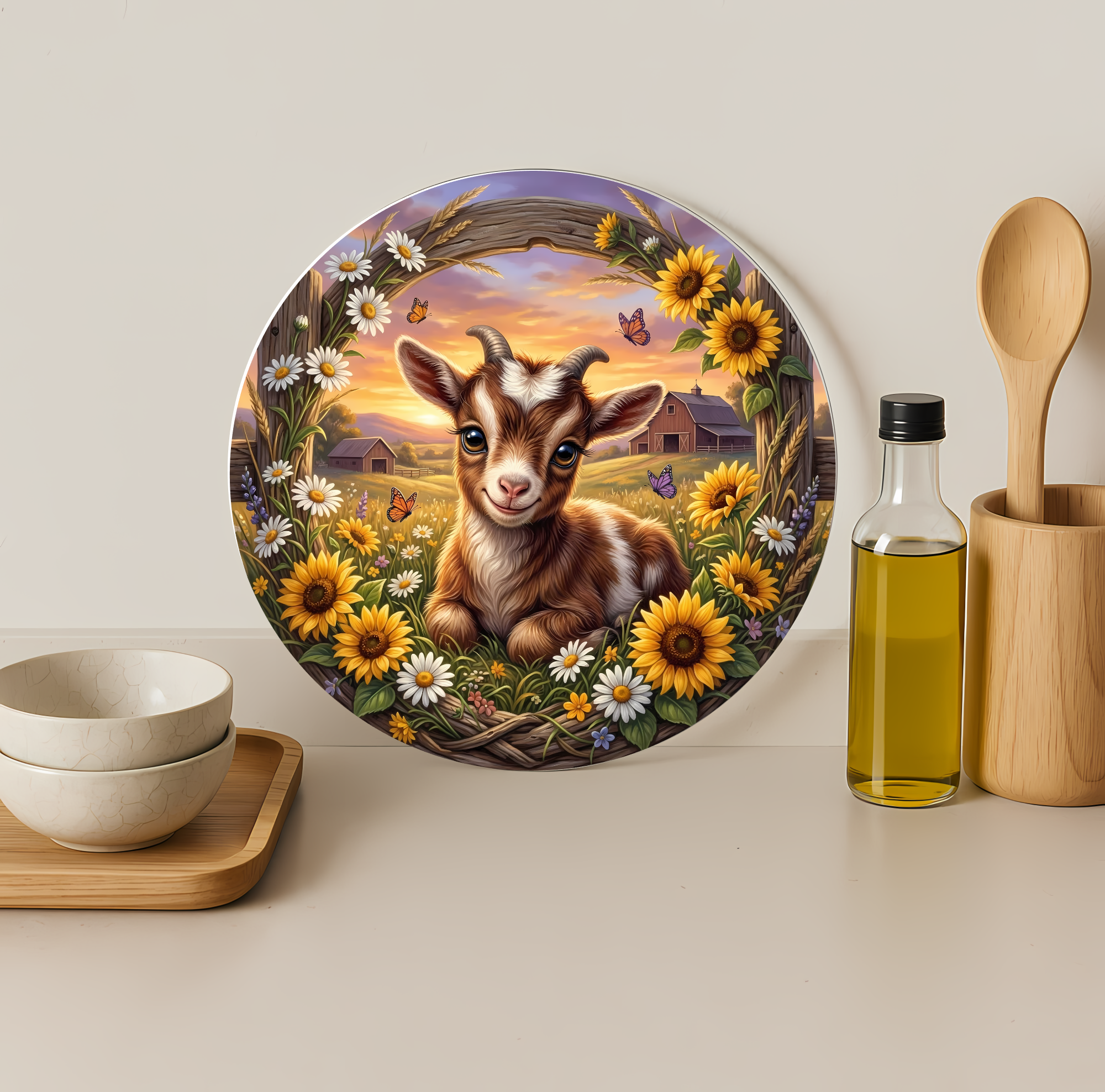 Baby Goat Sunflower Farm Round Glass Cutting Board-Round 12"