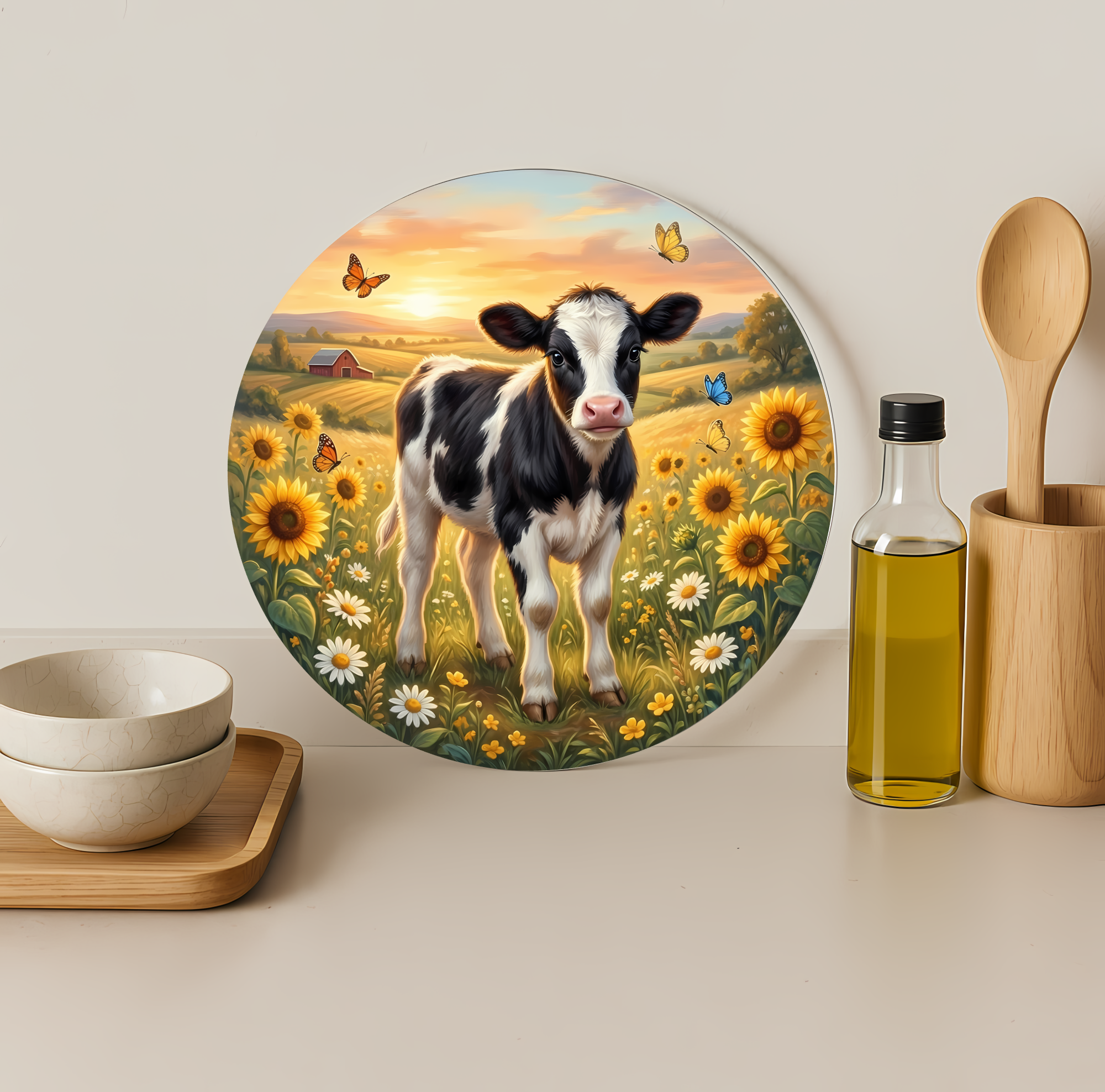 Baby Cow Sunflower Meadow Glass Cutting Board-Round 12"