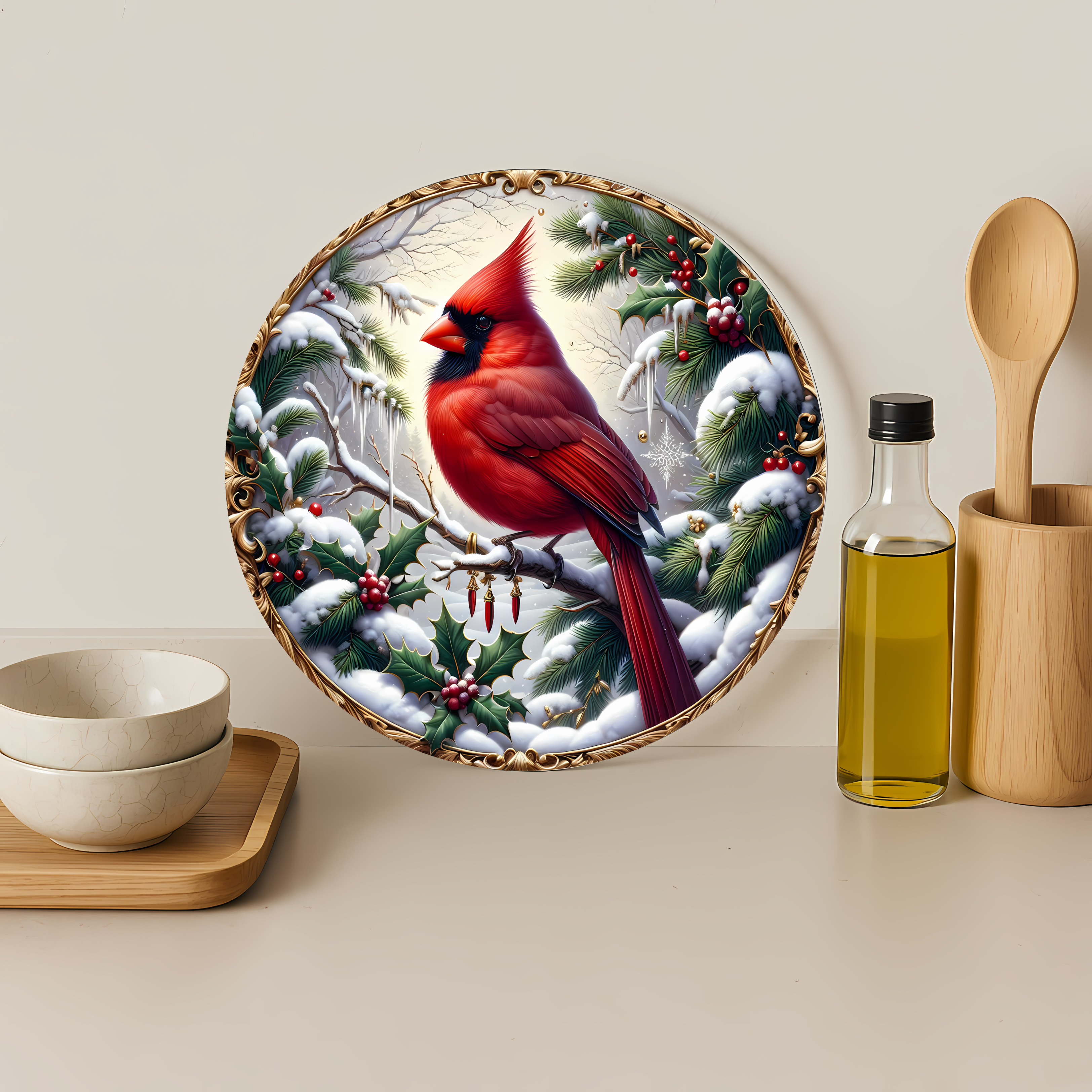 Winter Cardinal Decorative Round Glass Cutting Board 12" (Copy)