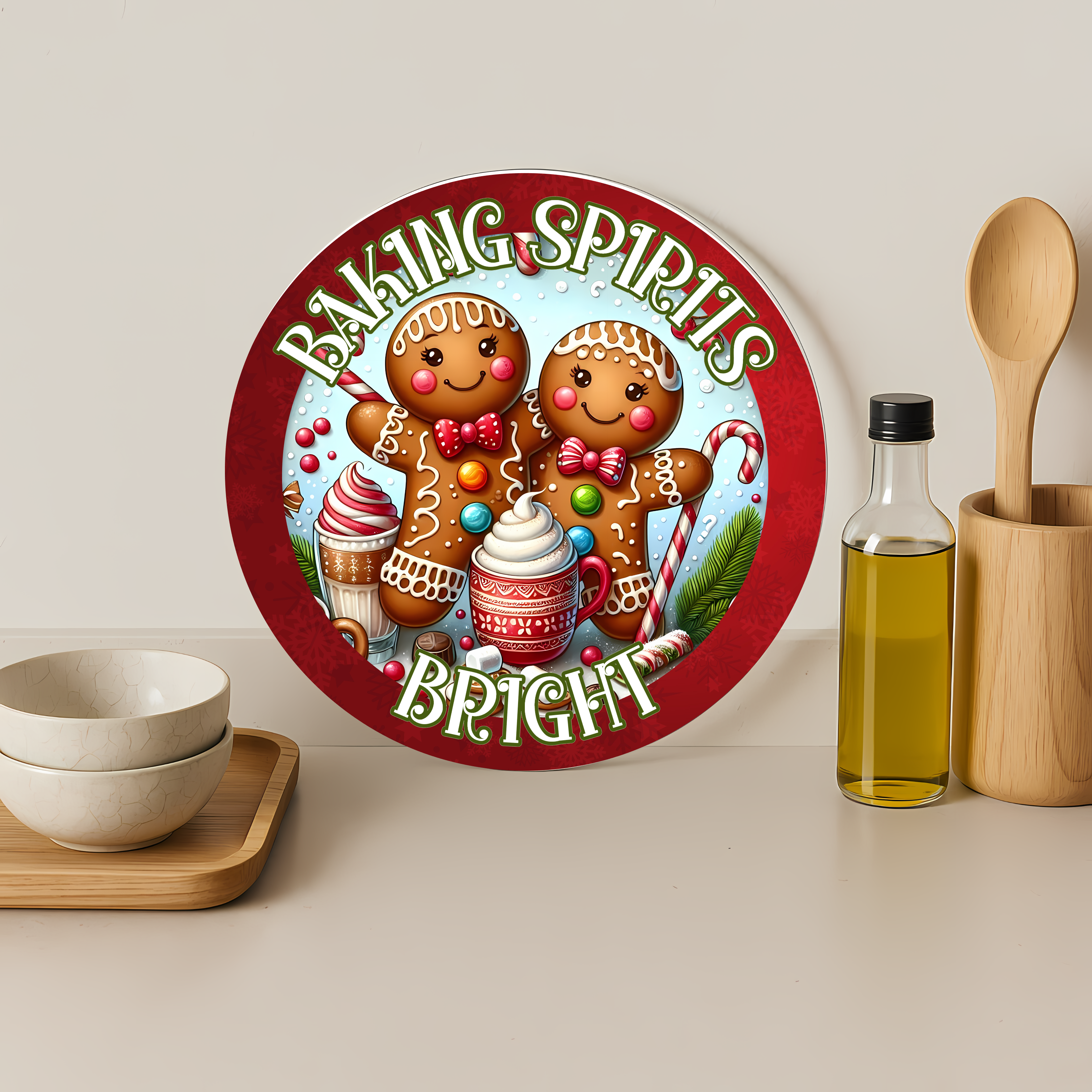 Baking Spirits Bright Gingerbread Round Glass Cutting Board 12"