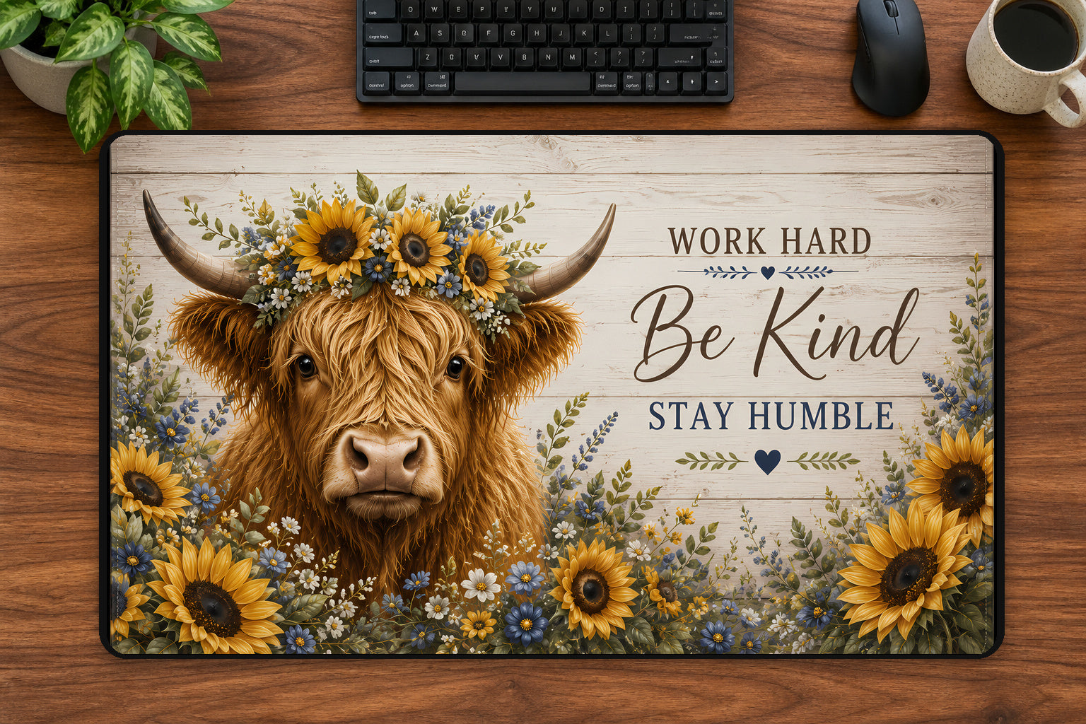 Be Kind Stay Humble Highland Cow Desk Pad 24 × 14 inch desk pad