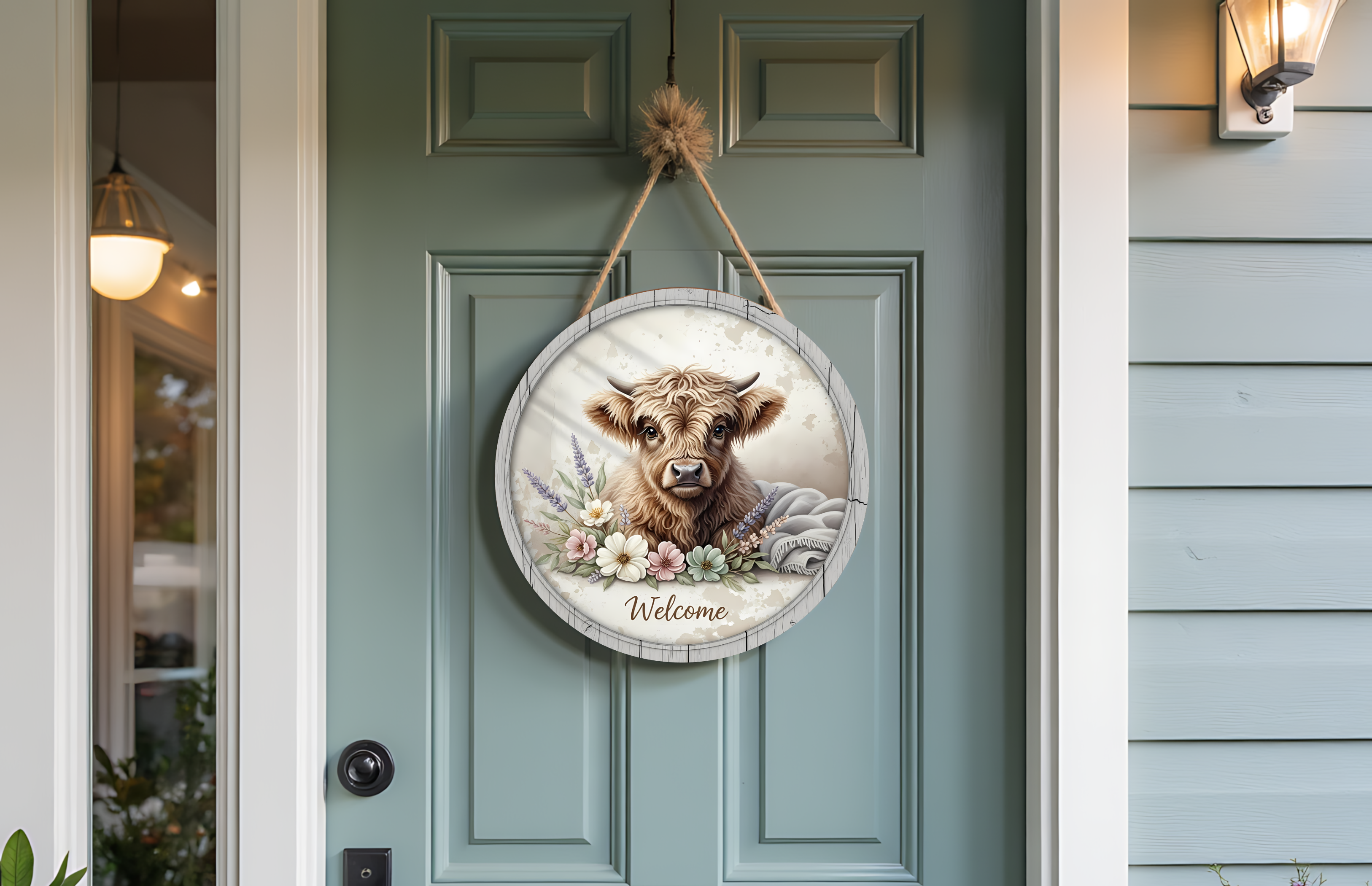 Highland Cow Welcome Door Round – Farmhouse Front Door Decor
