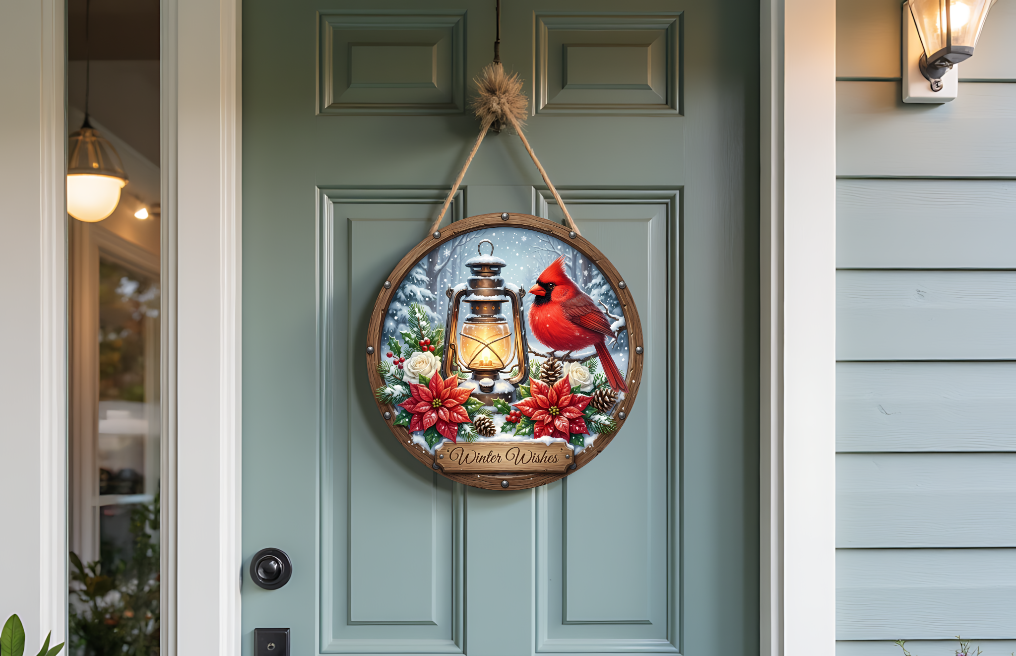 Winter Wishes Cardinal Door Round – Rustic Winter Front Door Decor
