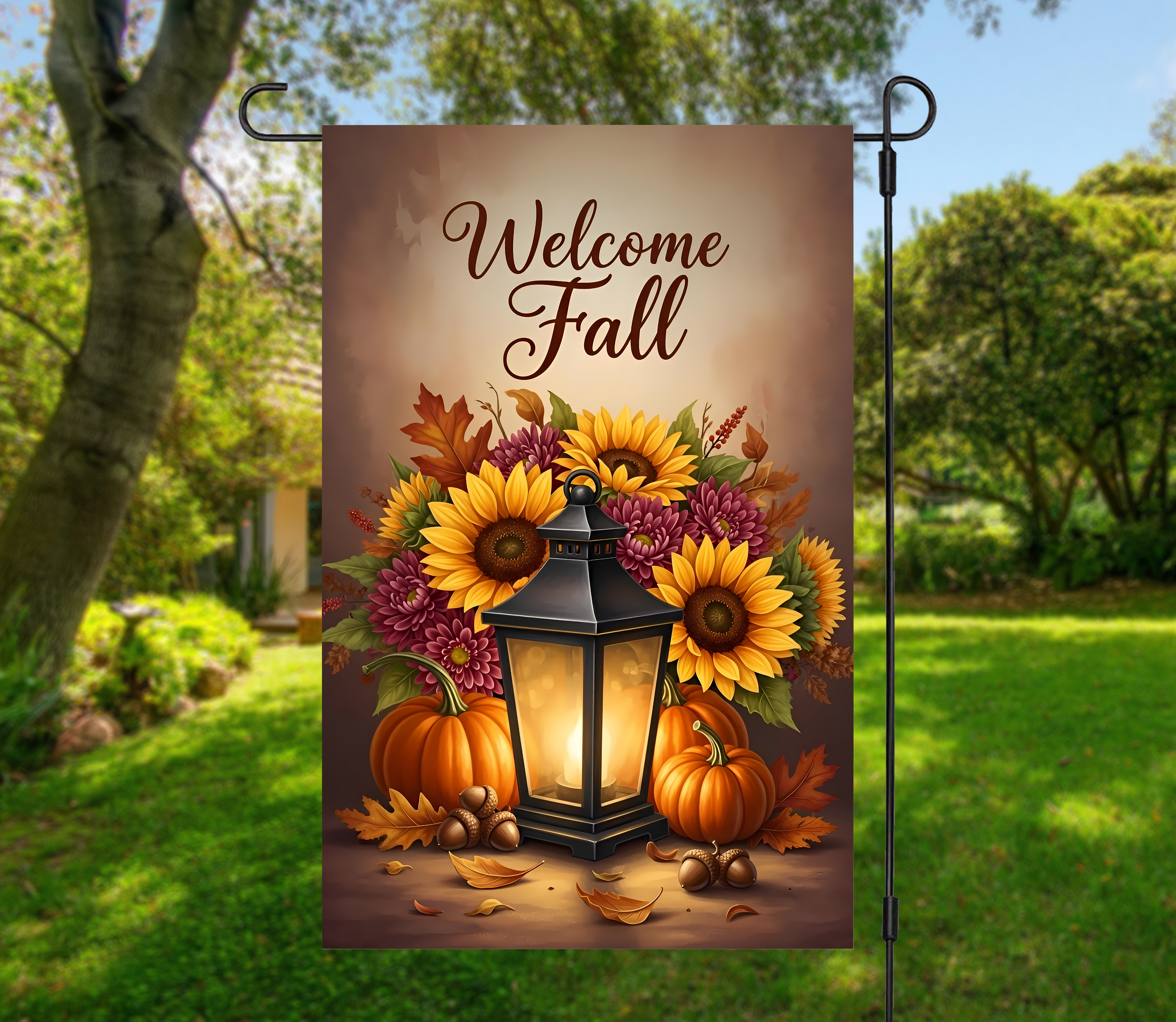 Welcome Fall Elegant Sunflower & Lantern-12 × 18 Garden Flag (Single-Sided)