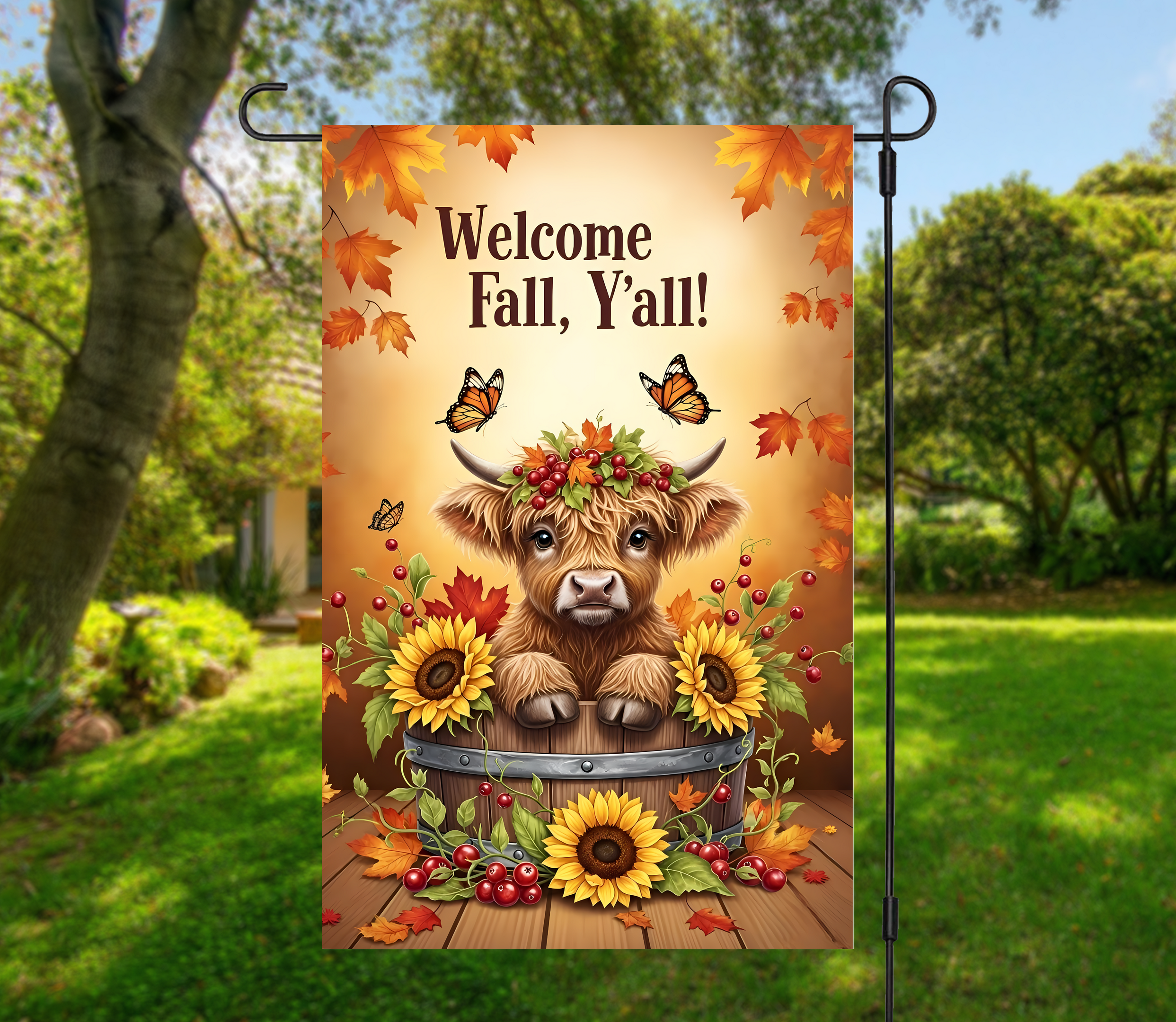 Welcome Fall Y’all Highland Cow-12 × 18 Garden Flag (Single-Sided)