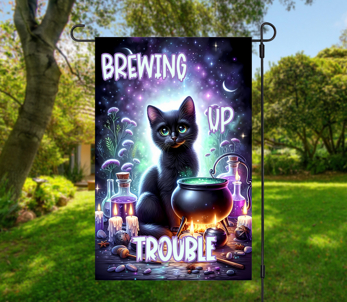 Brewing Up Trouble Black Cat-12 × 18 Garden Flag (Single-Sided)