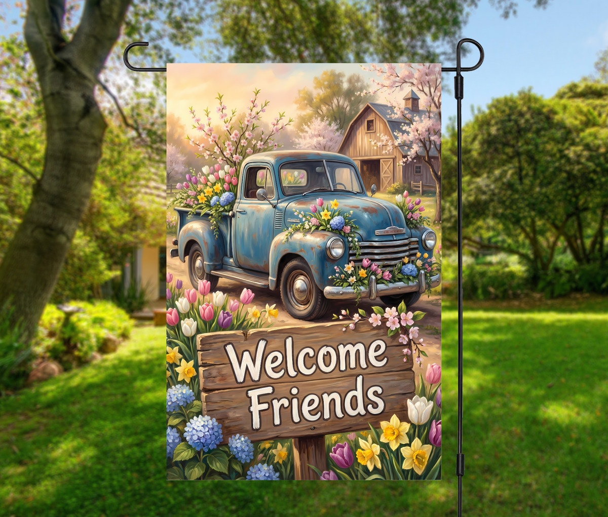 Welcome Friends Blue Truck Spring-12 × 18 Garden Flag (Single-Sided)