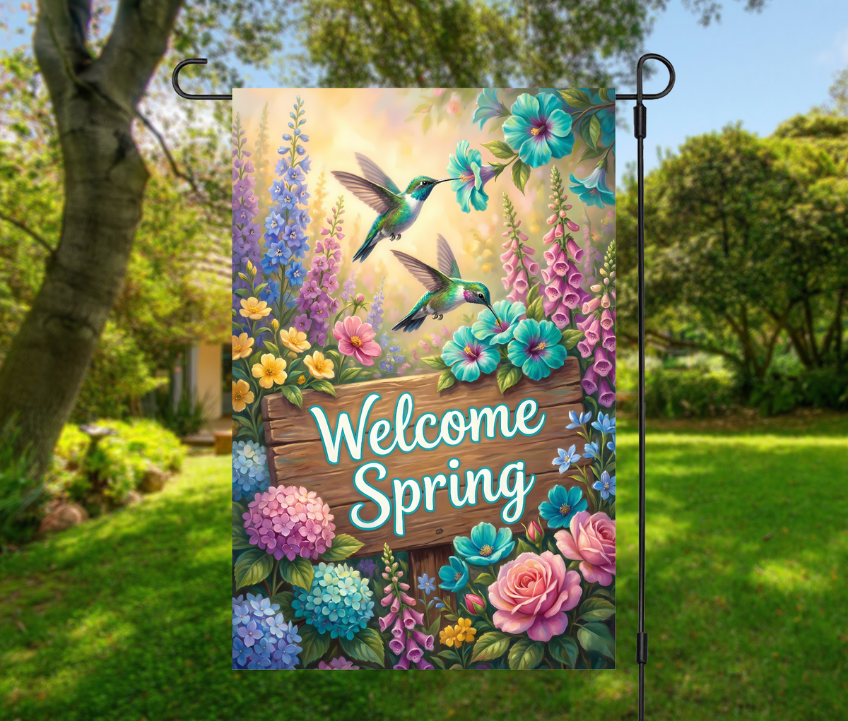 Welcome Spring Hummingbirds & Wildflowers-12 × 18 Garden Flag (Single-Sided)