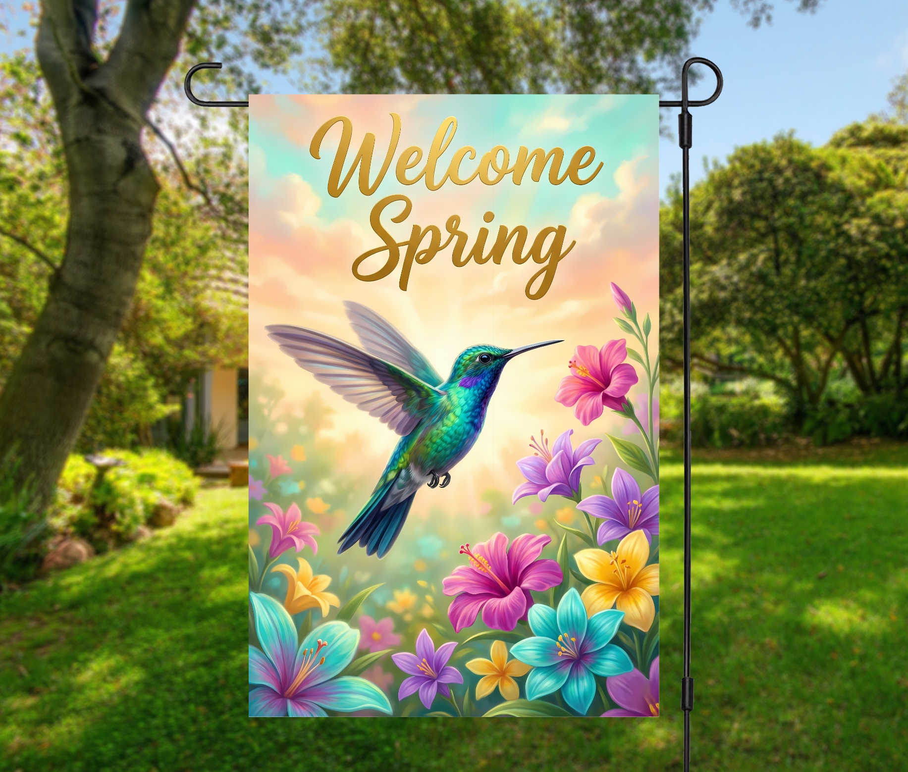 Welcome Spring Hummingbird Floral-12 × 18 Garden Flag (Single-Sided)