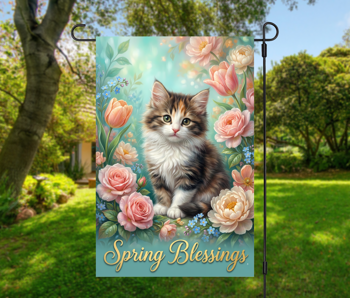 Spring Blessings Floral Kitten-12 × 18 Garden Flag (Single-Sided)