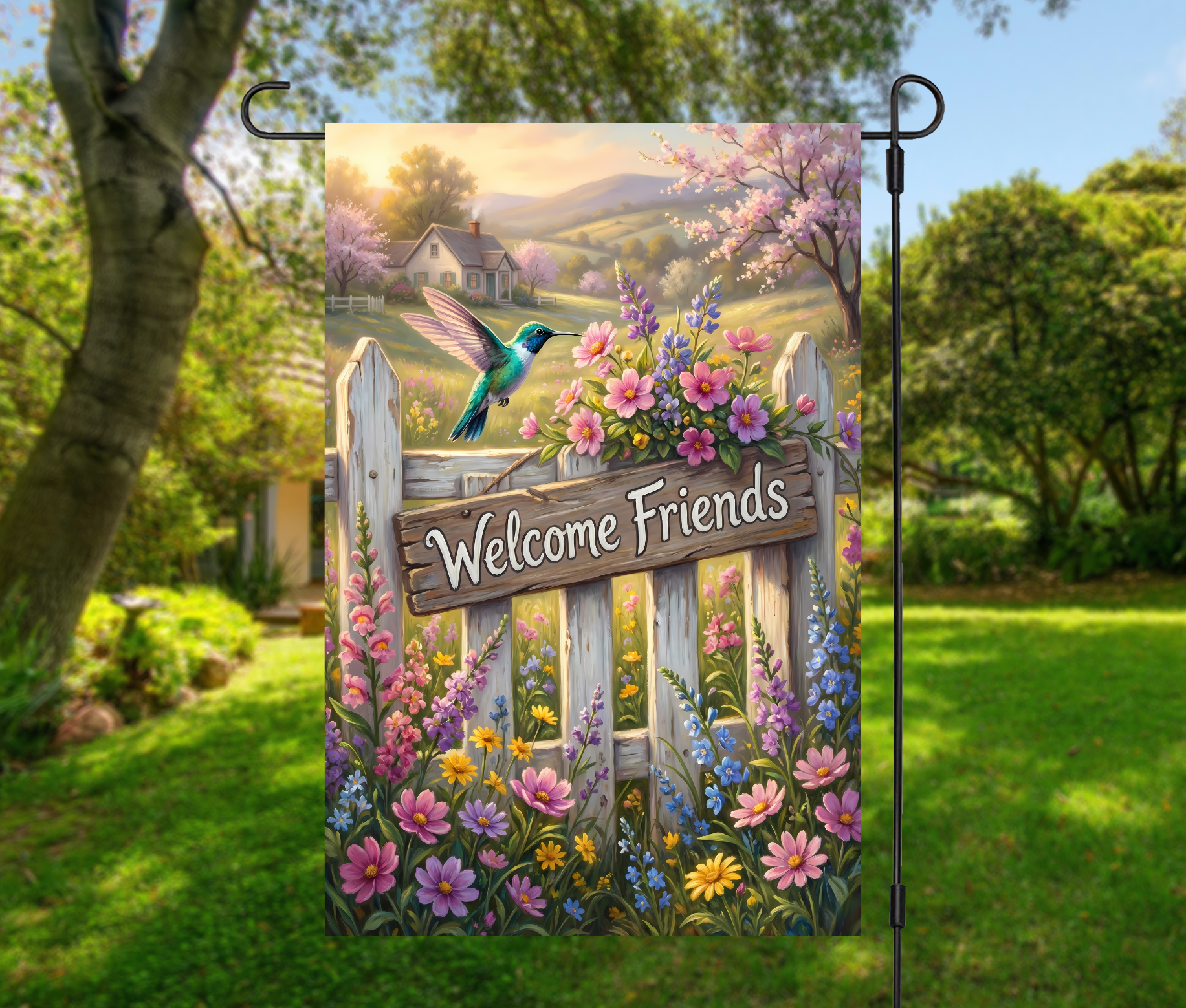 Welcome Friends Cottage Fence Spring-12 × 18 Garden Flag (Single-Sided)