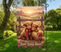 Love Lives Here Highland Cow-12 × 18 Garden Flag (Single-Sided)