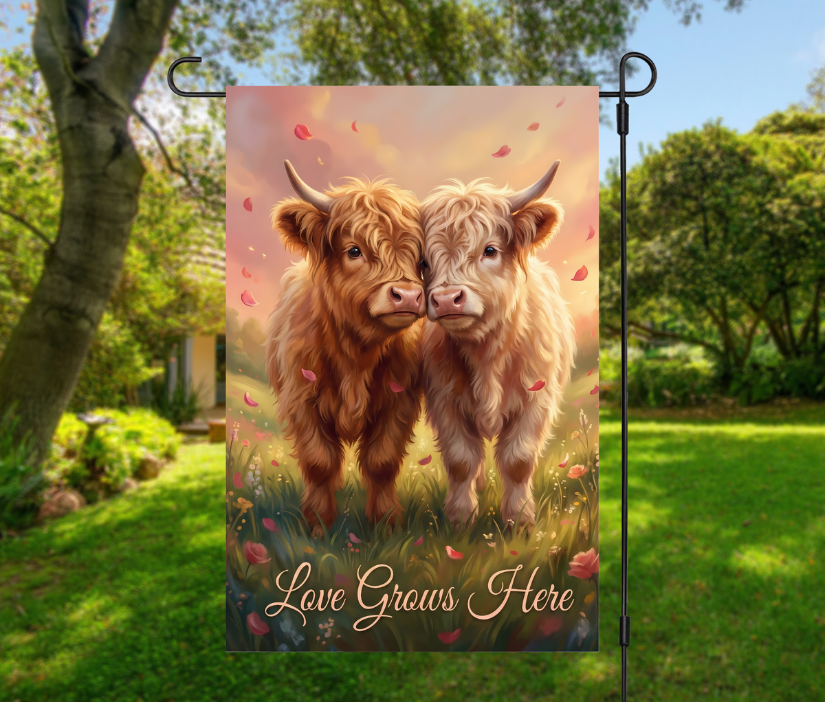 Love Grows Here Highland Cow – Romantic Farmhouse Spring Decor-12 × 18 Garden Flag (Single-Sided)