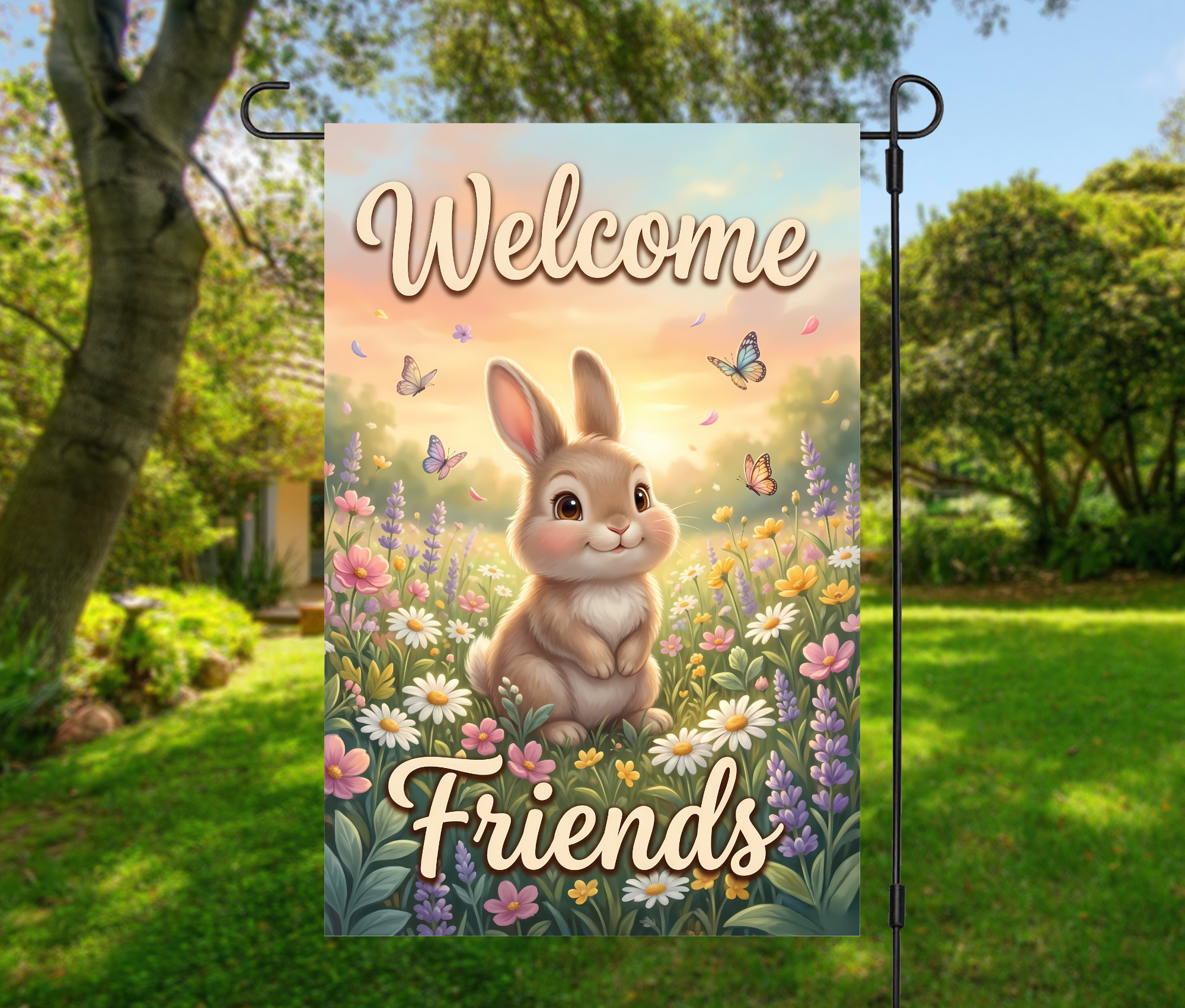 Bunny Garden Flag – Welcome Friends Spring Rabbit Garden Flag 12 × 18 (Single-Sided)