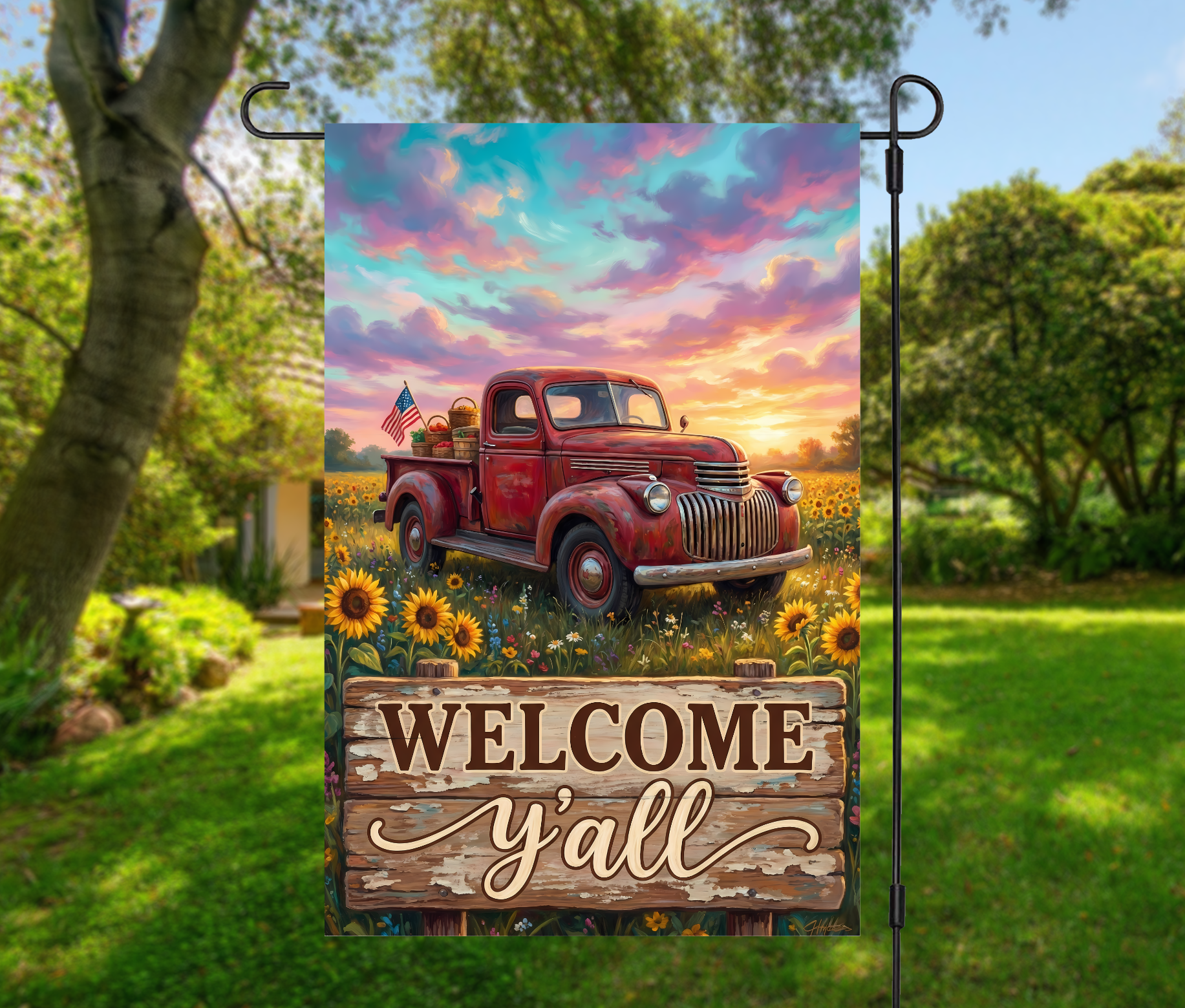 Welcome Y’all Sunflower Red Truck Garden Flag-12 × 18 Garden Flag (Single-Sided)