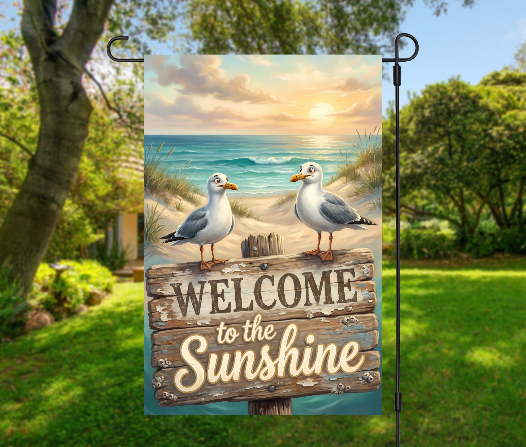 Welcome to the Sunshine Seagulls Coastal-12 × 18 Garden Flag (Single-Sided)