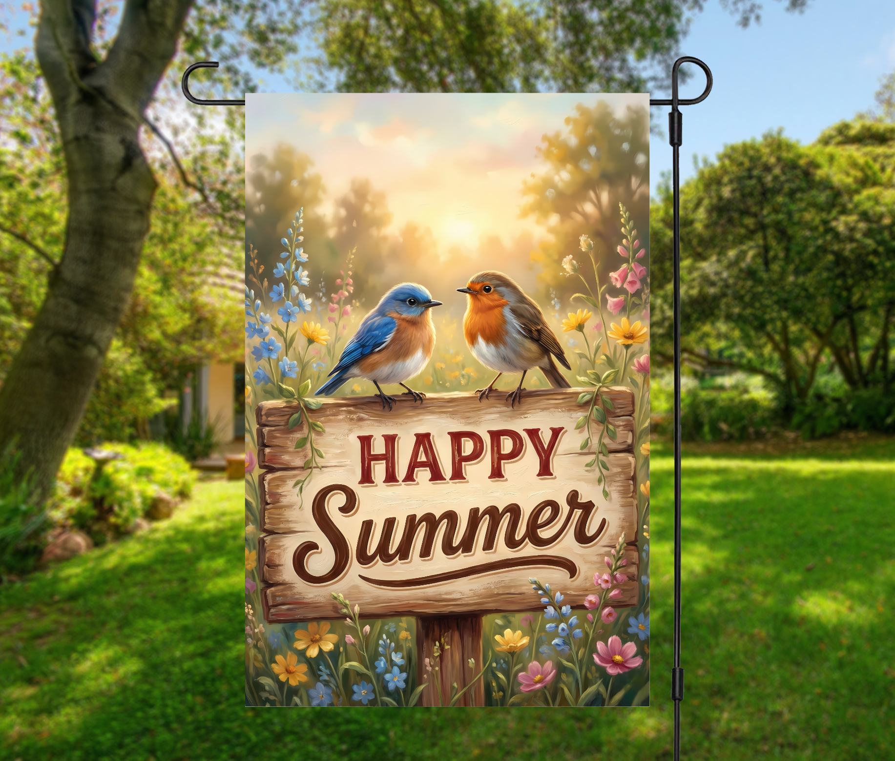 Happy Summer Garden Flag 12×18 – Floral Bird Welcome Single-Sided)