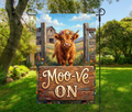 Moo-Ve On Garden Flag 12×18 – Highland Cow Farm Decor (Single-Sided)