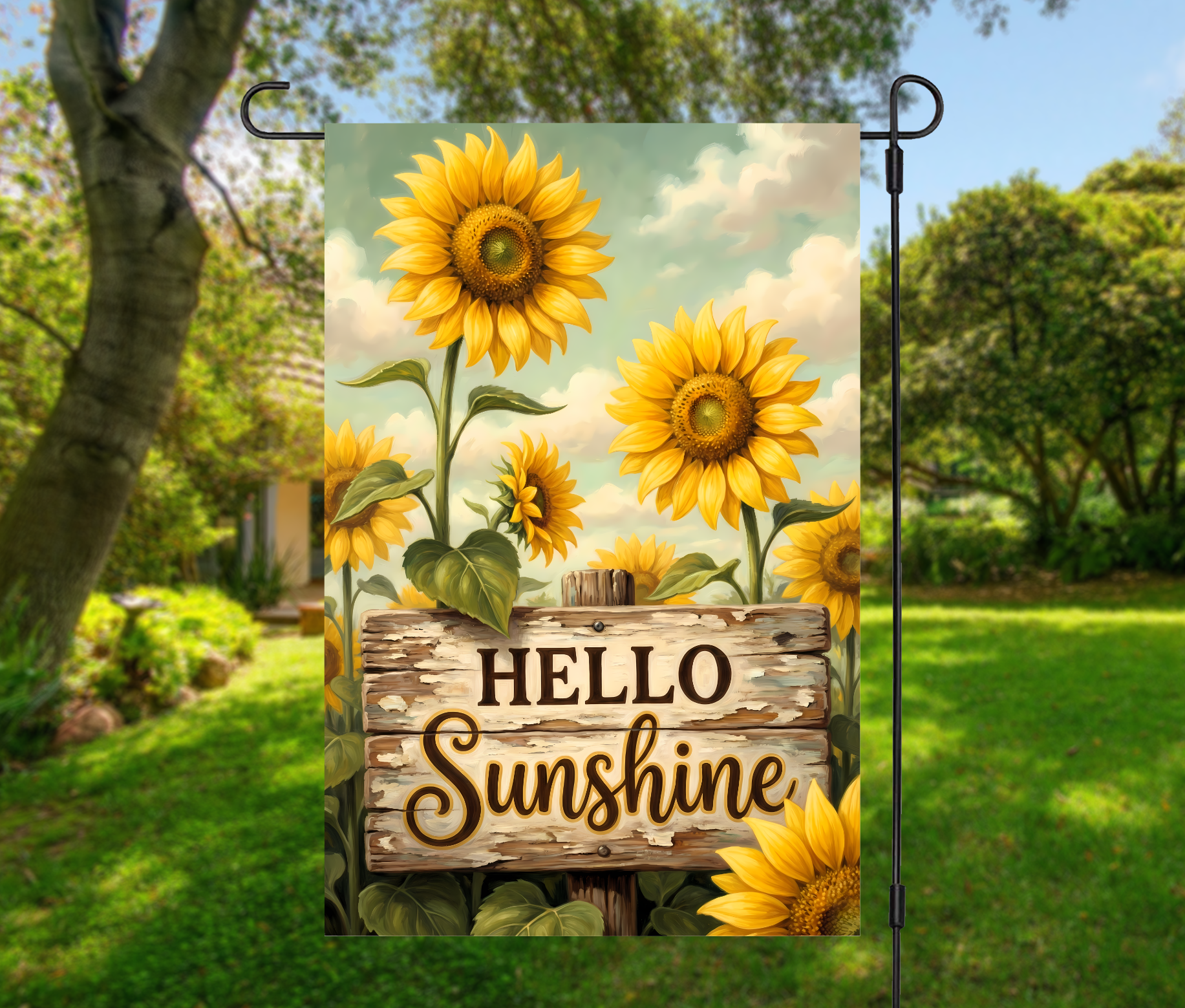 Hello Sunshine Garden Flag 12×18 – Farmhouse Floral (Single-Sided)