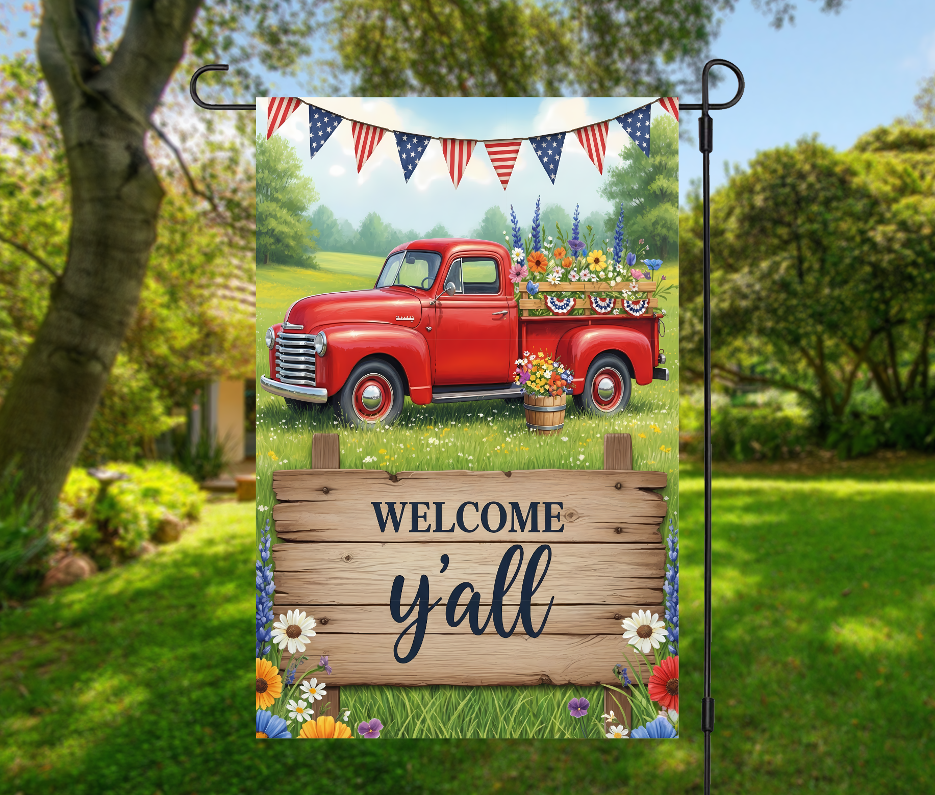 Welcome Y’all Patriotic Red Truck-12 × 18 Garden Flag (Single-Sided)