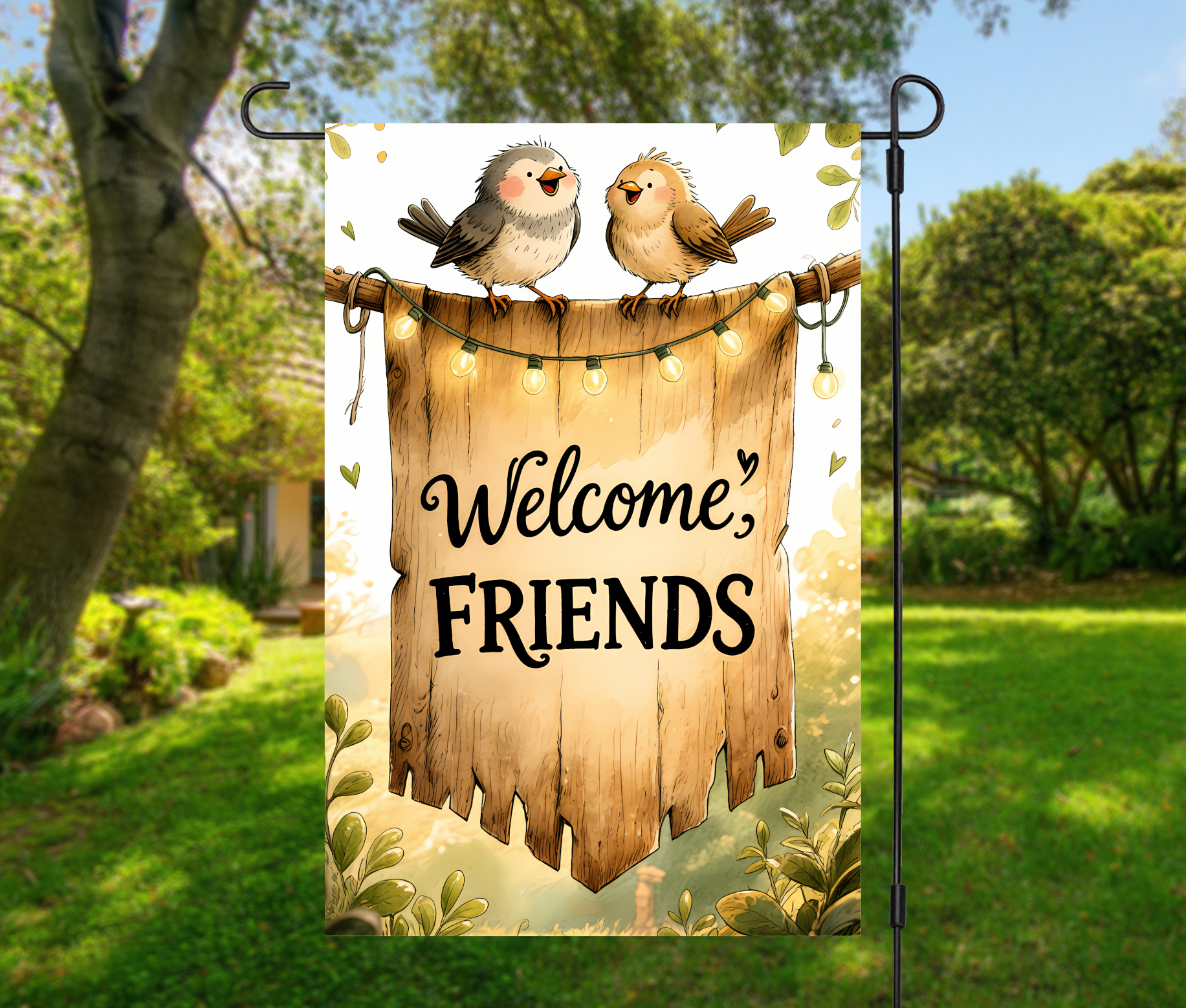 Welcome Friends Garden Flag 12×18 – Whimsical Birds (Single-Sided)