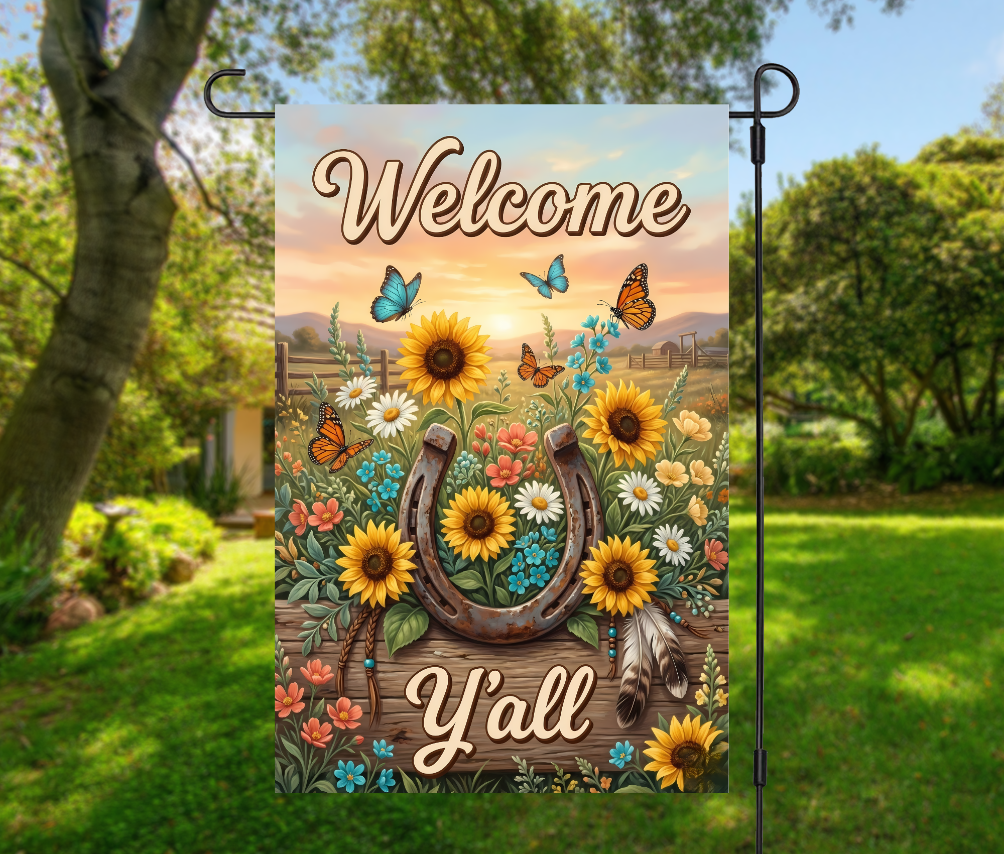 Sunflower Garden Flag – Welcome Y’all Horseshoe Country Garden Flag-12 × 18 (Single-Sided)