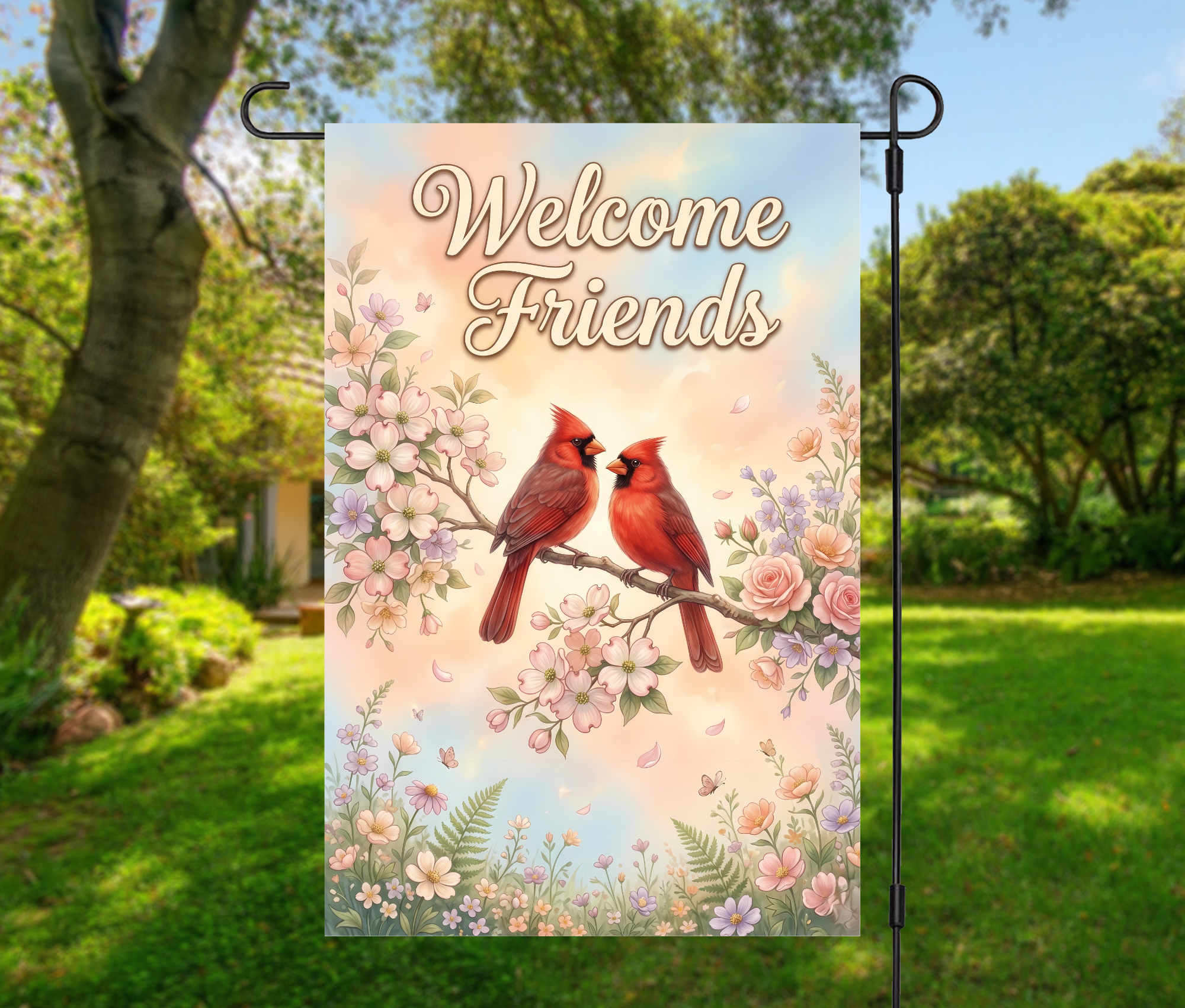 Cardinal Garden Flag – Welcome Friends Bird Floral Garden Flag-12 × 18 (Single-Sided)