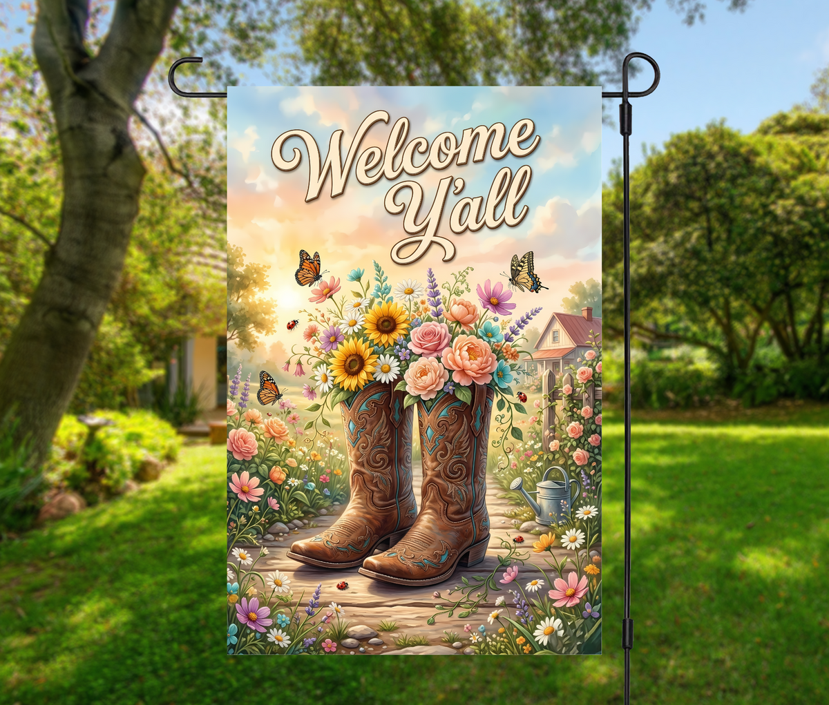 Cowboy Boot Garden Flag – Welcome Y’all Floral Western Garden Flag-12 × 18 (Single-Sided)