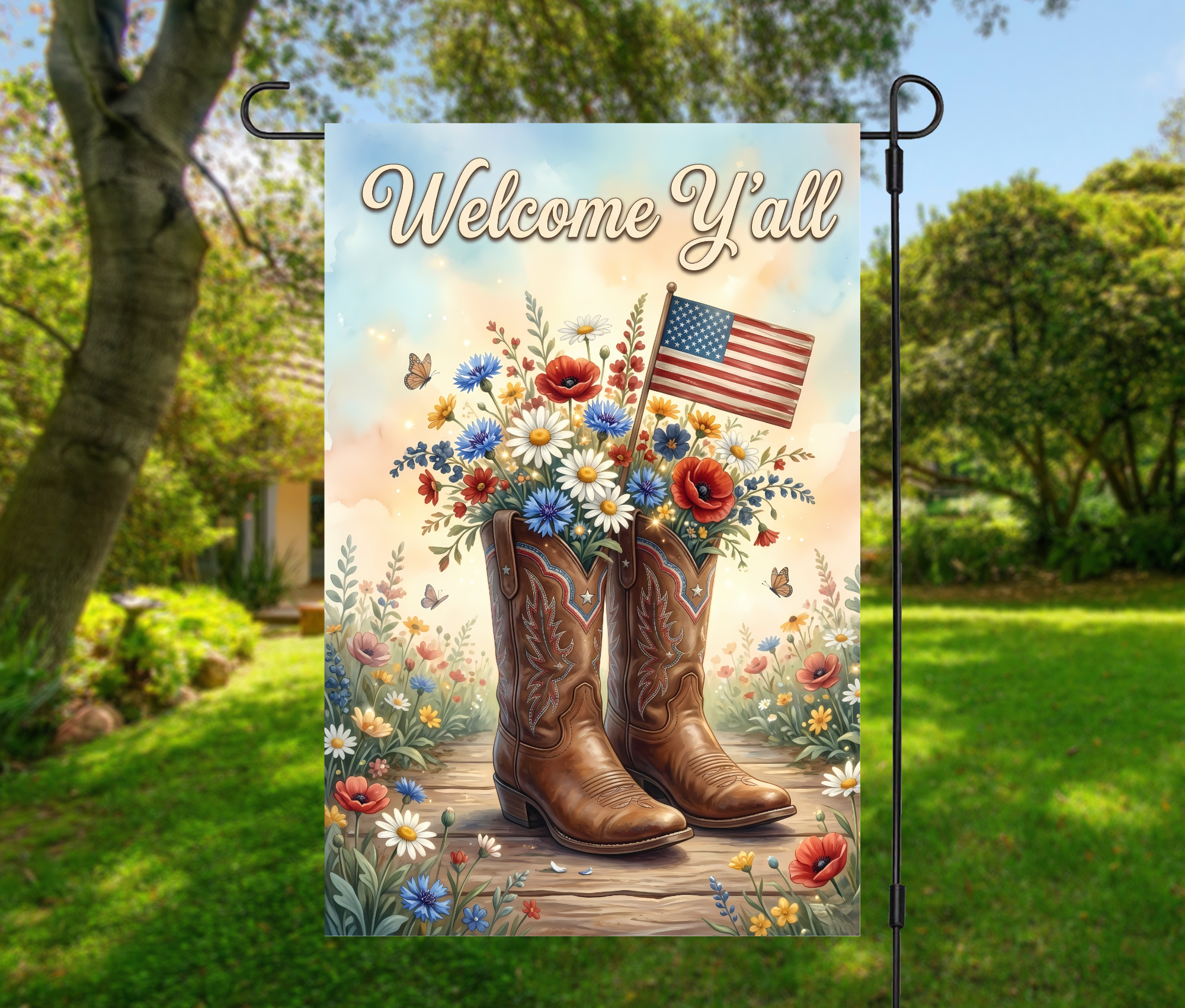 Patriotic Garden Flag – Cowboy Boot Welcome Y’all Americana Flag-12 × 18 (Single-Sided)