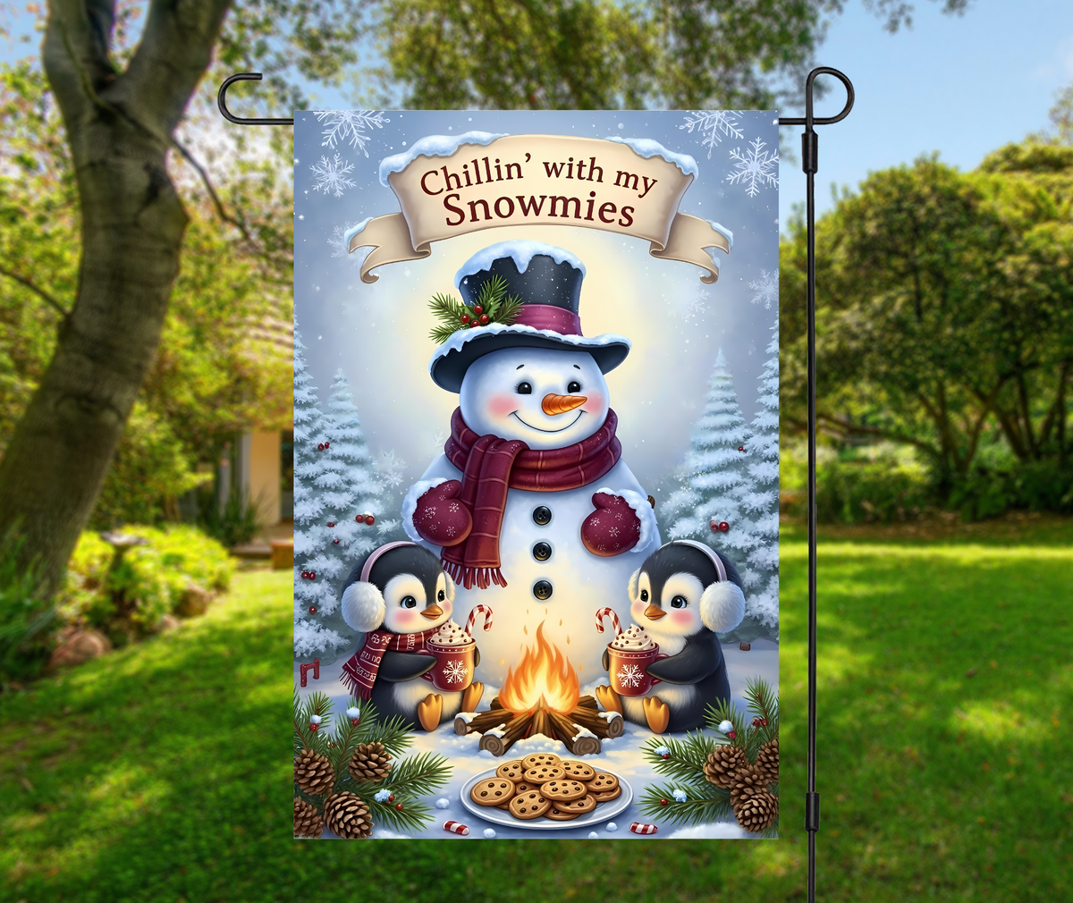Chillin With My Snowmies-12 × 18 Garden Flag (Single-Sided)