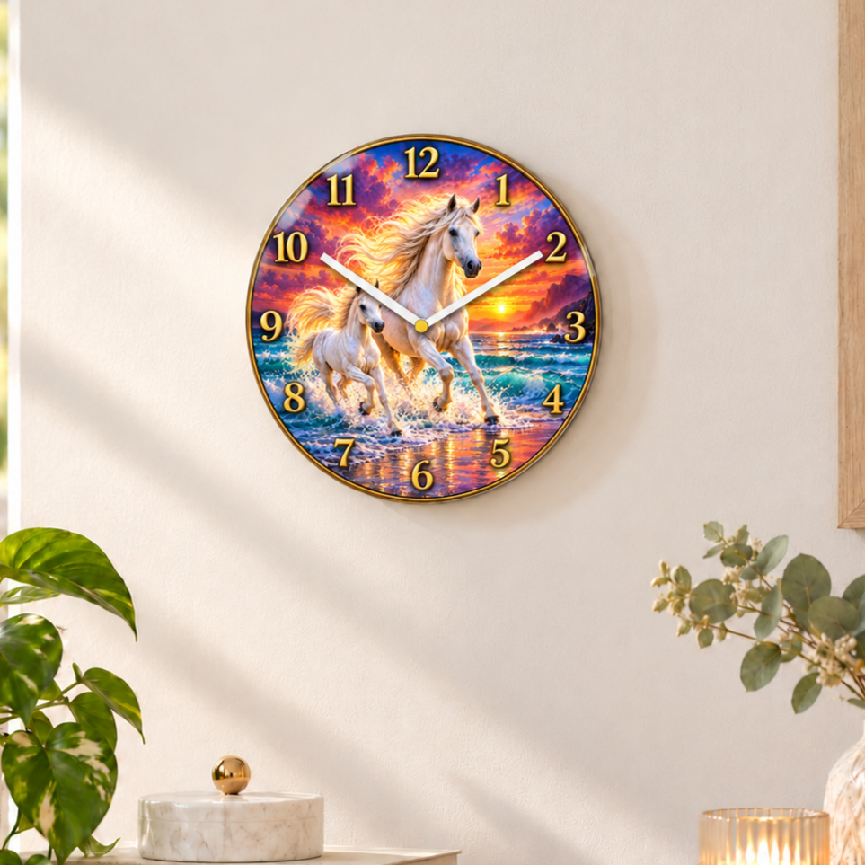 Sunset Gallop – White Horse & Foal 12-Inch Glass Wall Clock
