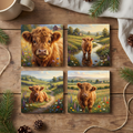 Highland Cow Meadow – Fine Art Ceramic Coasters (Set of 4)