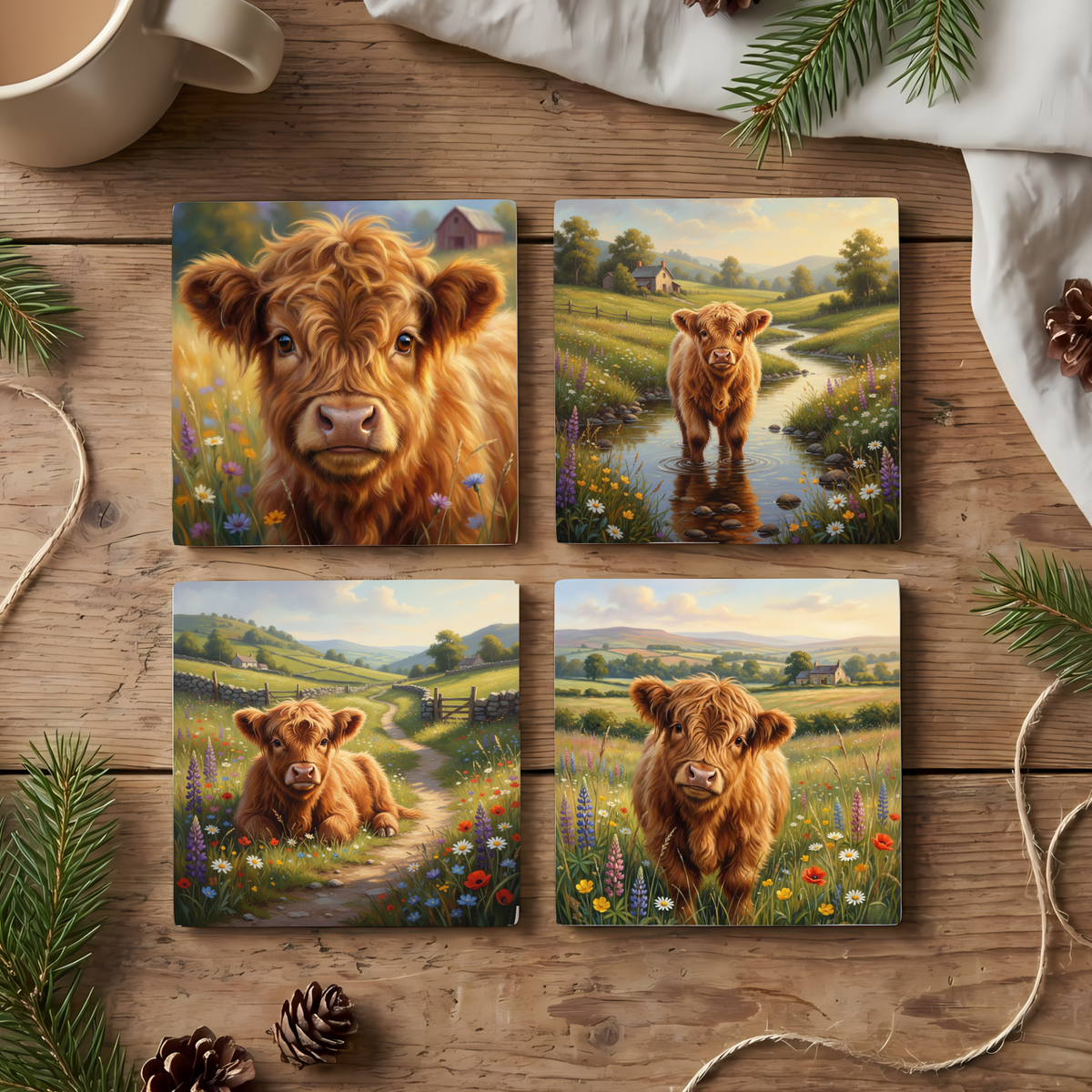 Highland Cow Meadow – Fine Art Ceramic Coasters (Set of 4)